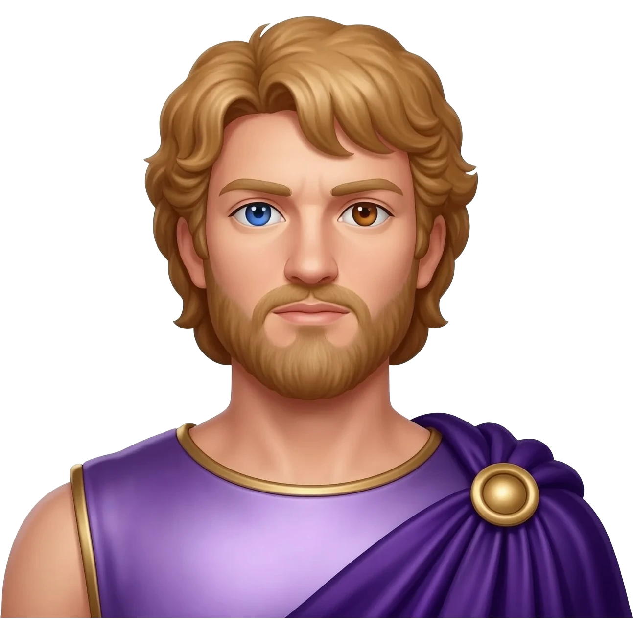 Alexander the Great from Rome Mythology with one blue and one brown eye, long reddish blonde hair, pale purple metallic tunic, dark purple metallic cloak emoji