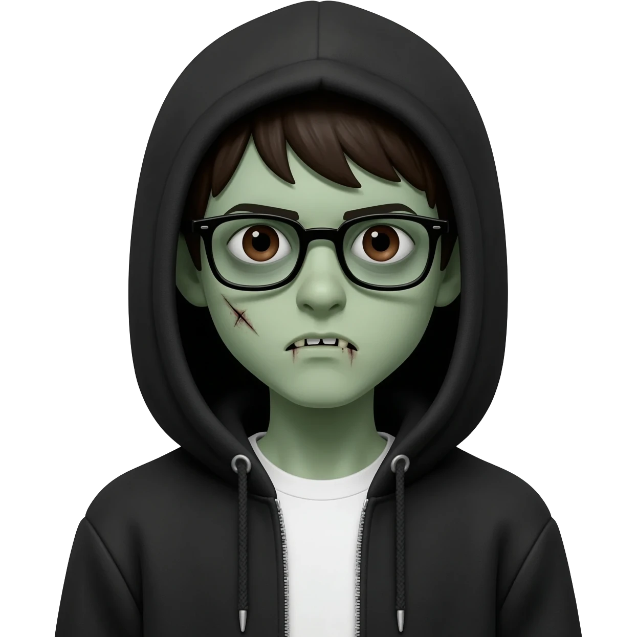zombie boy with white tshirt and black brownish hair and with black glasses frames on hair is texturized young boy and round face more green face and dark brown eyes black thick cotton y2k hoodie with the white t-shirt under it hood of hoodie is standing up a slight bit and no ties on hoodie emoji