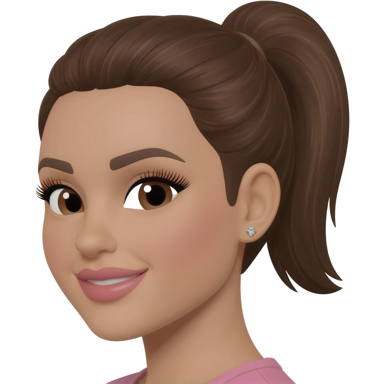 brunette with medium brown hair in a sleek high ponytail, dark brown eyes, medium brown eyelash color, full lips, small button nose, fair olive color skin, with full eye lashes, diamond earring studs, with pink lipstick, nice smile, with medium brown eyebrows emoji