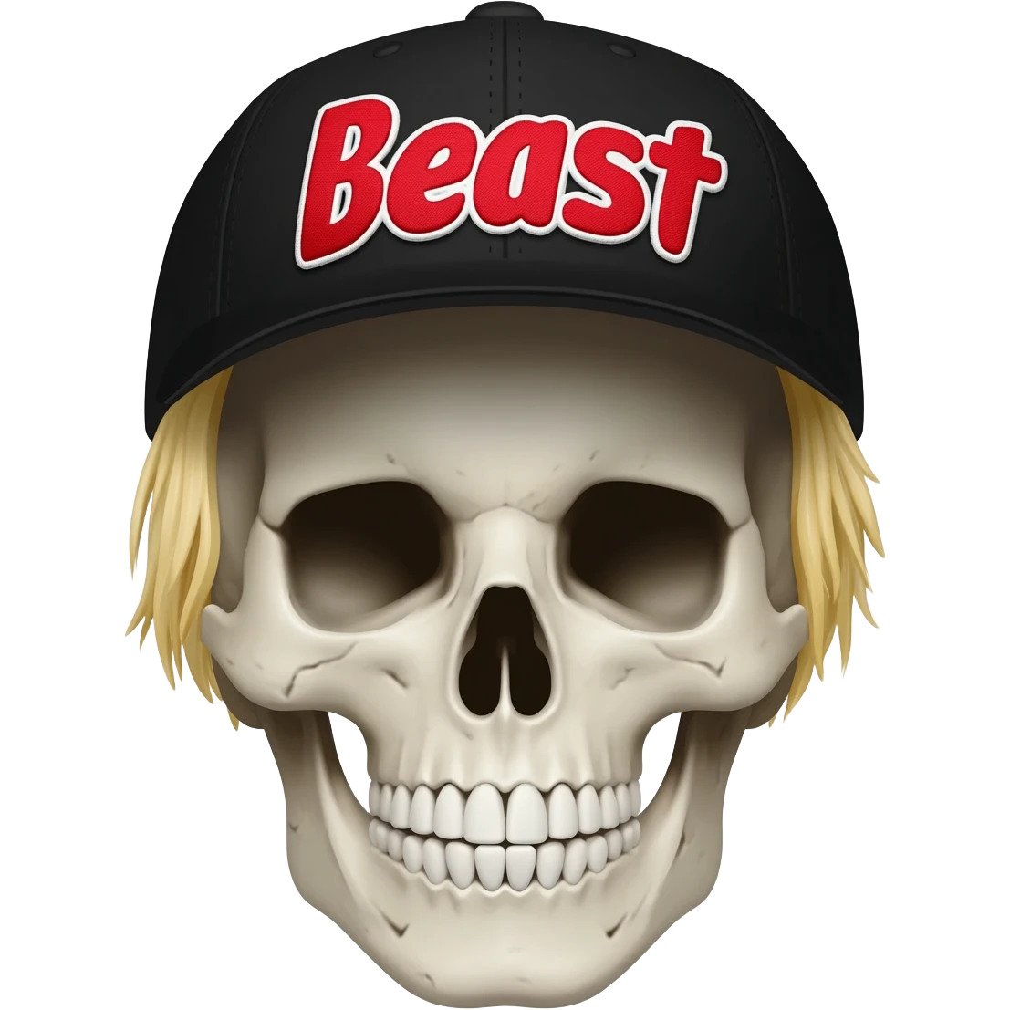 A skullhead thats wearing a black baseball cap with the words "Beast" in red and white with blonde hair emoji