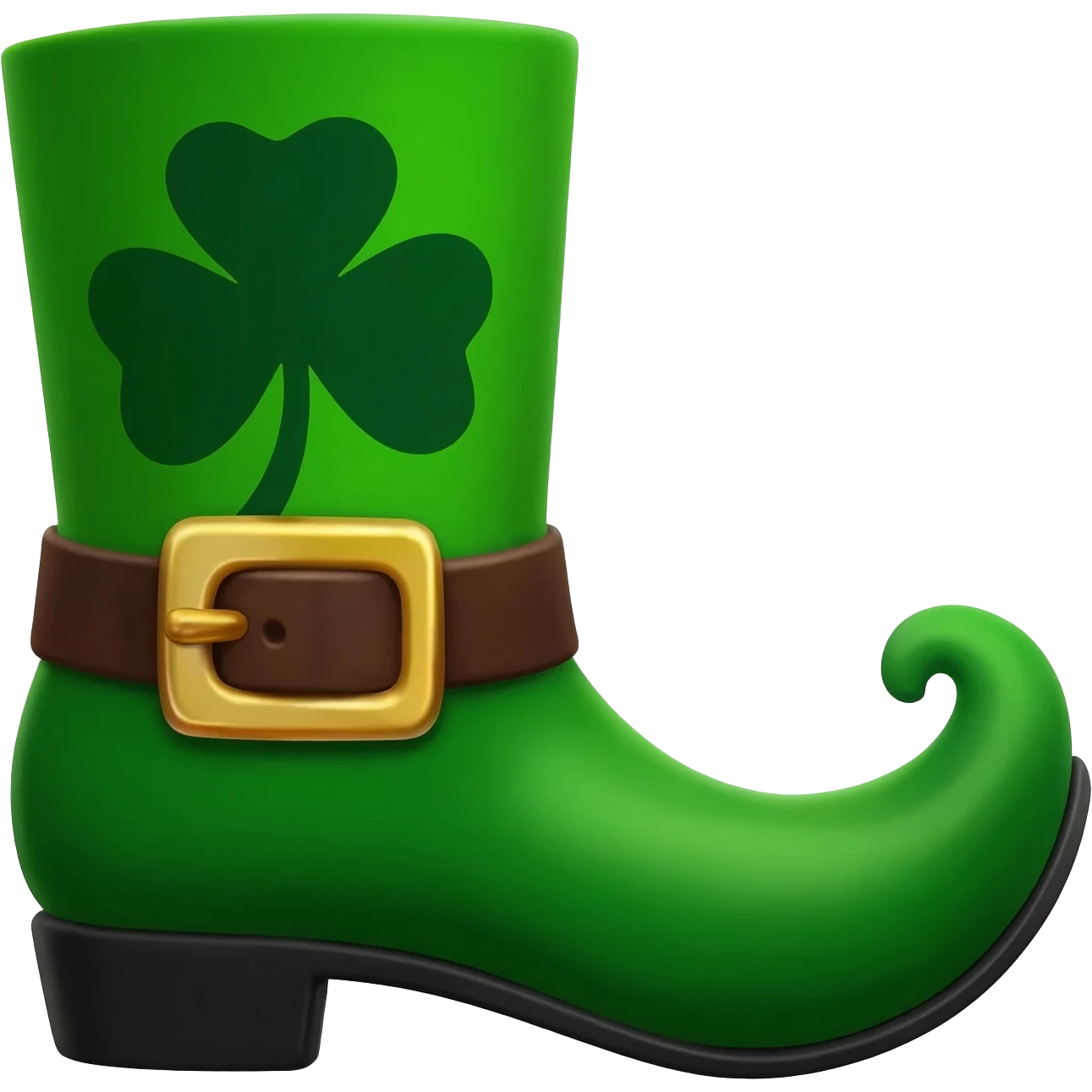 a single green leprechaun boot, viewed in side profile. It must have the prominent upward-curled toe. The boot is a vibrant, solid green with a dark green 3-leaf clover on the side. A brown leather strap with a polished gold buckle secures the middle. emoji