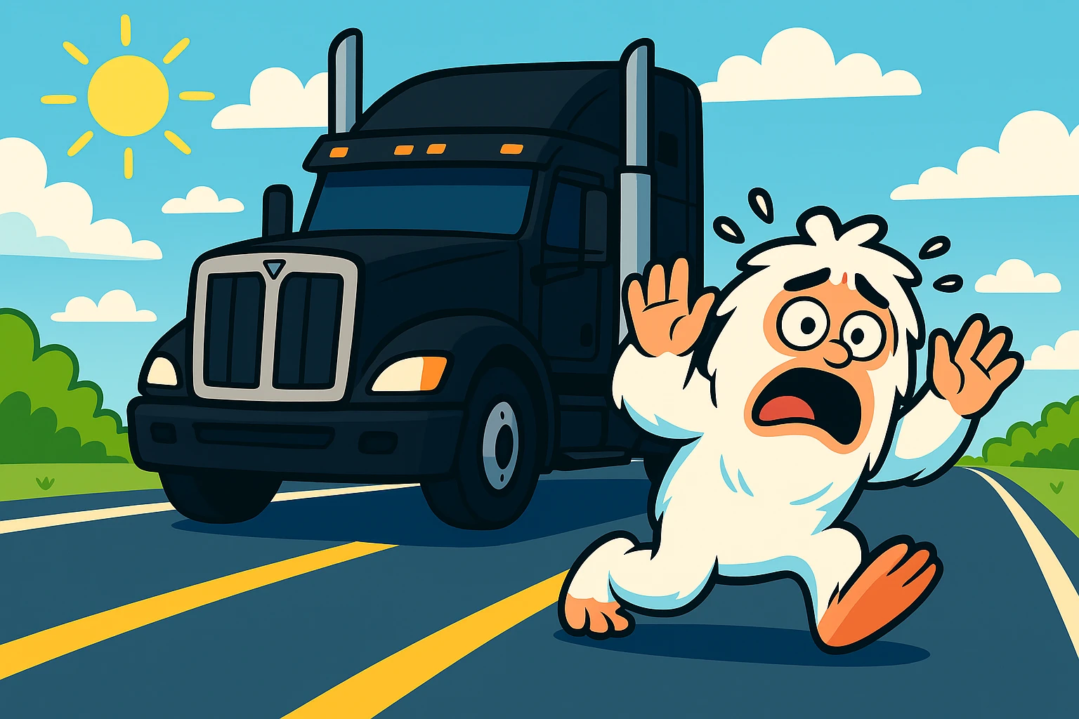 Rotate the black semi truck 45 degrees to the right, keeping the small, scared abominable snowman directly in front of it on a bright highway with a distant view. Maintain the overall scene composition and lighting as in the reference image. emoji