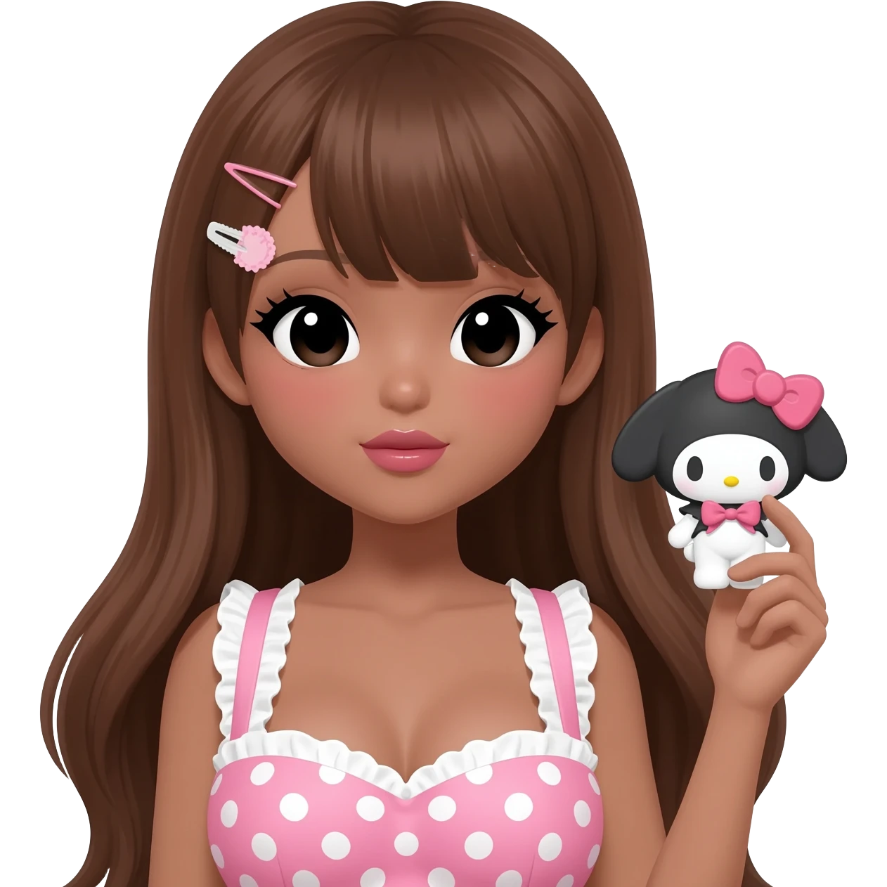 Gyaru makeup, my melody hairclip, cutecore, doll eyes, Doll, big chest, dark brown skin, with long brown hair , black cute eyes, cute lips with Gyaru outfit ( pink and white polkadots) emoji