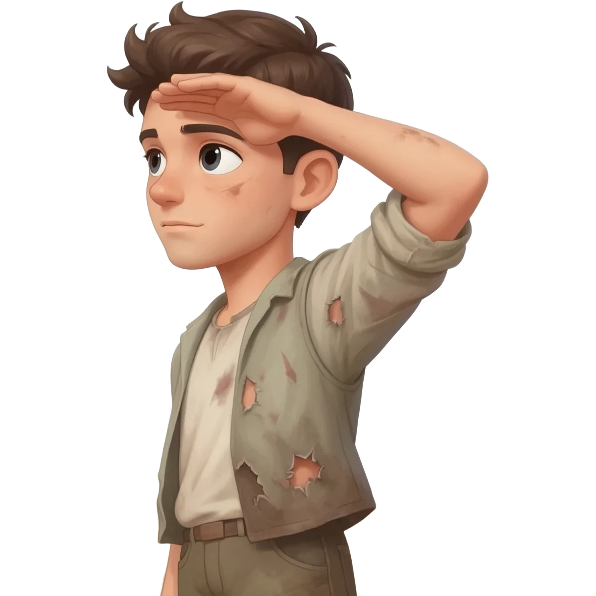 нарисуй парня  бедного в рваной грязной одежде 22-24 года, он смотрит в даль с горы, и вглядывается держа руку над глазами времена древнего иерусалима emoji