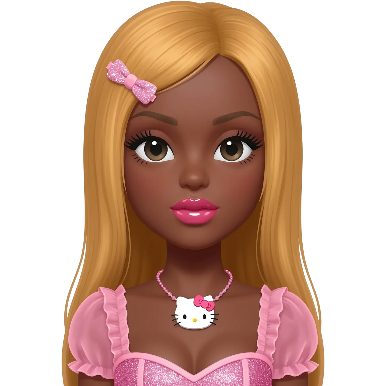 heart shaped lips, cute glossy lips, doll eyes with long lashes, dark brown skin, honey blonde hair, big chest, hello kitty necklace, one bow clip, bimbocore outfit emoji