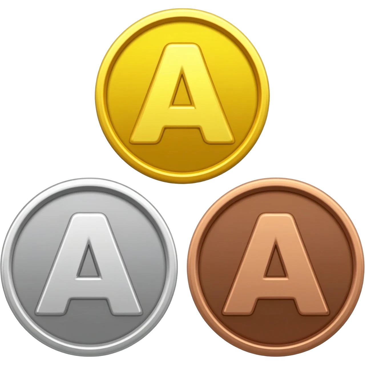 A bunch of 3 coins with an A on the center of the 3 coins, 1 of them are golden, 1 of them are silver & 1 of them are of bronze, made them all circular, not poly, all the curves are perfectly soft emoji