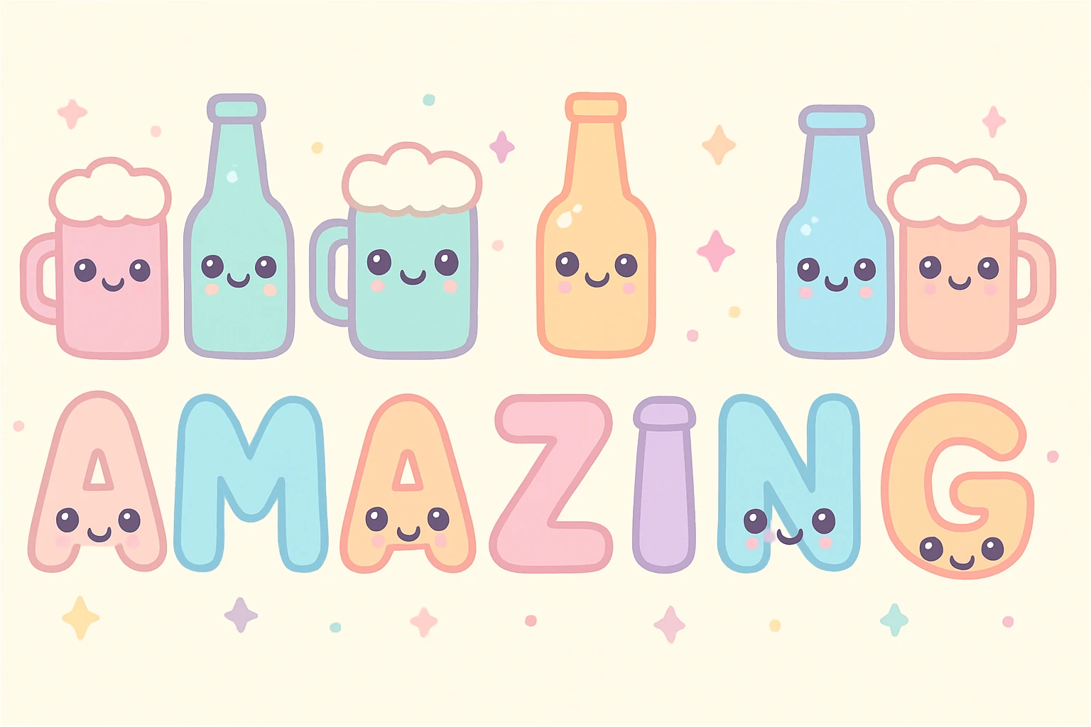 the word 'amazing' spelled out using pints and bottles of beer, kawaii style emoji