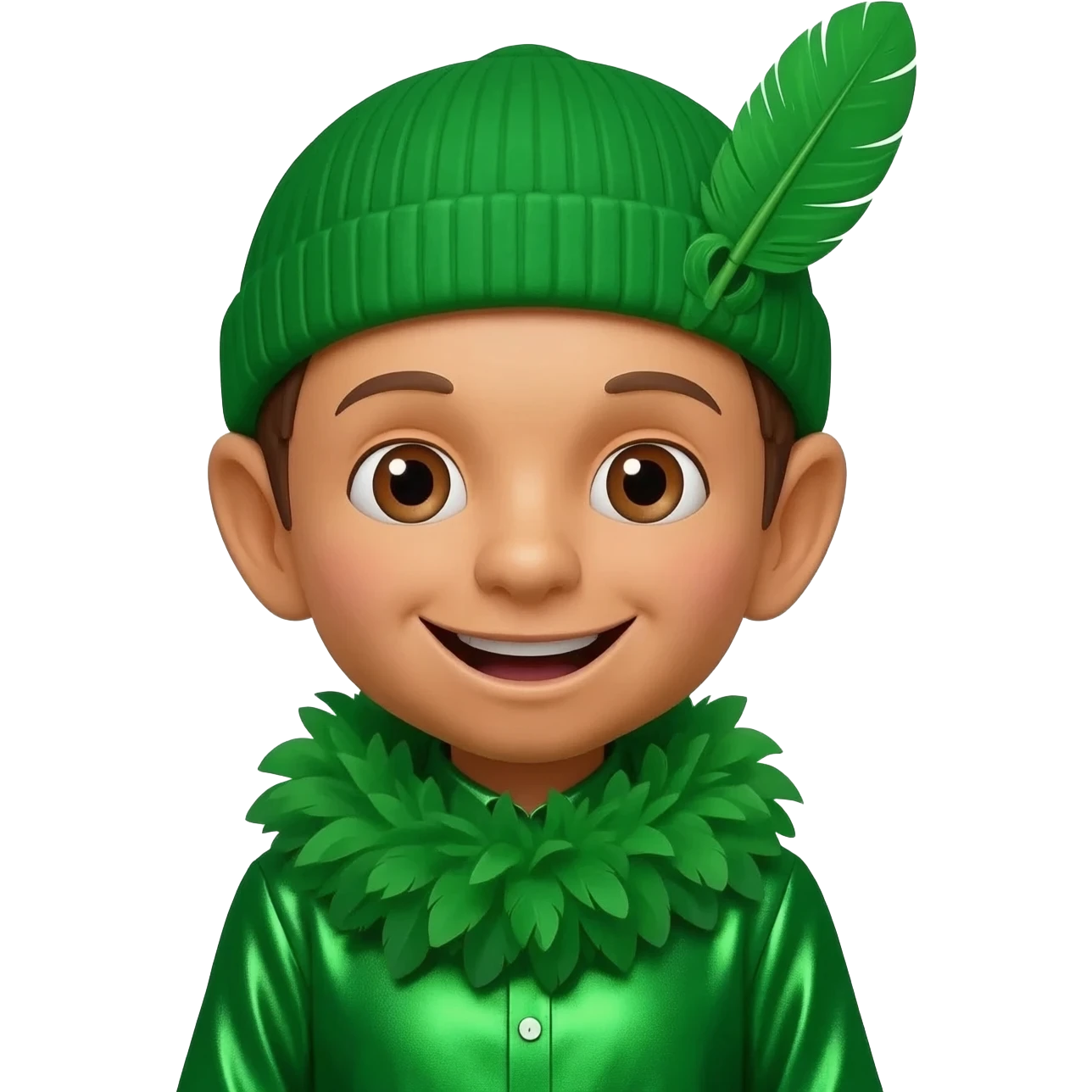 The Tree of Wisdom from the wiggles with brown eyes, green beanie with green feather boa, green metallic dress shirt emoji
