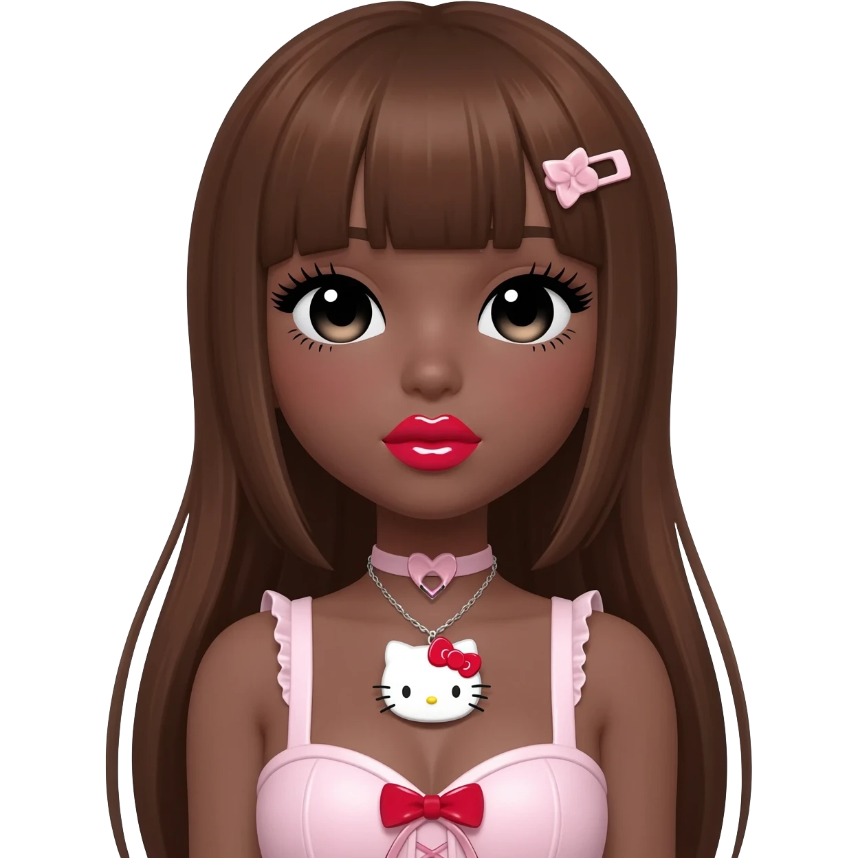 heart shaped lips, cute glossy lips, doll eyes with long lashes, dark brown skin, brown hair, big chest, hello kitty necklace, one bow clip, bimbocore outfit emoji