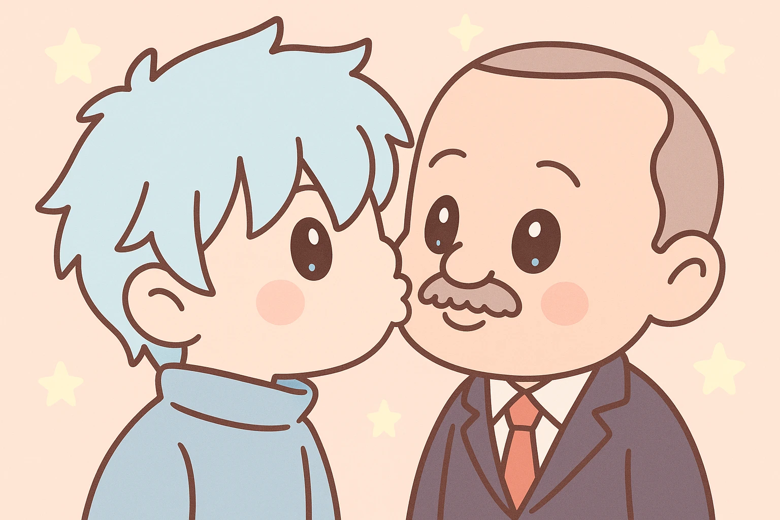 Gojo Satoru and Recep Tayyip Erdoğan sharing a gentle kiss, soft lighting, anime-inspired, no explicit content emoji