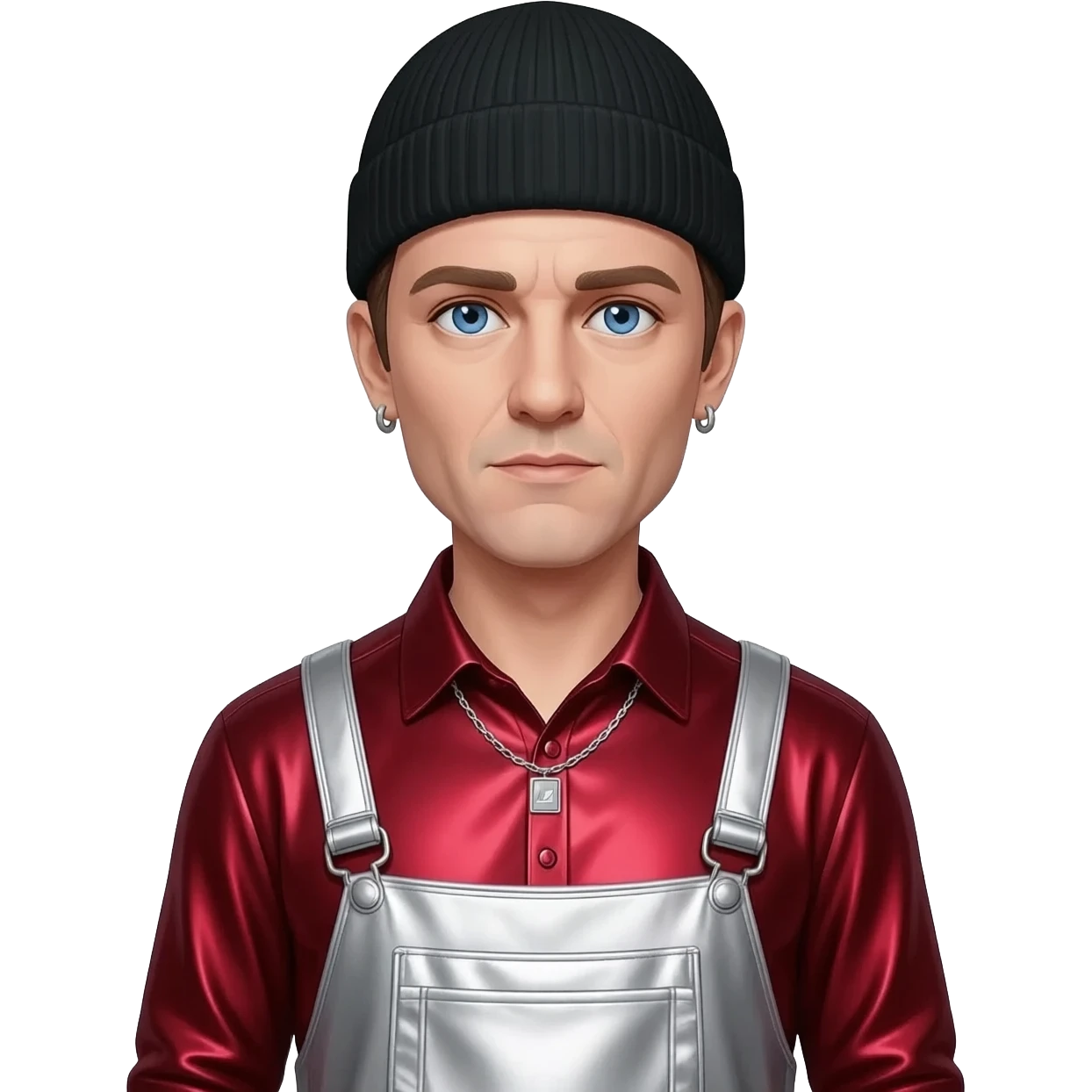 The Edge from U2 with blue eyes, dark brown hair, black beanie, ruby red metallic shirt, silver metallic baggy dress pants, silver necklace and short earrings emoji