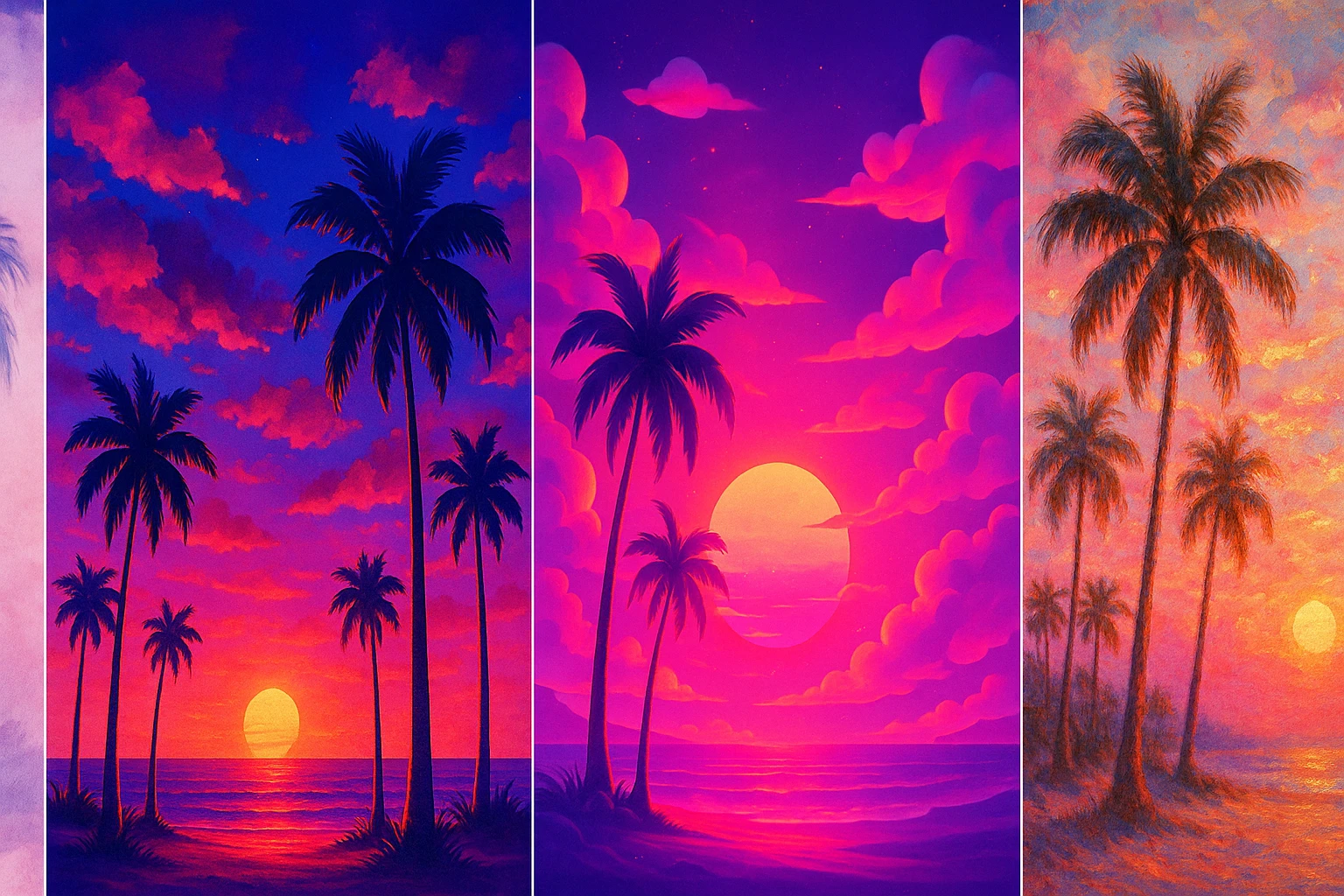 a dreamy pink paradise with palm trees, soft clouds, and a glowing sunset, in four distinct visual interpretations emoji