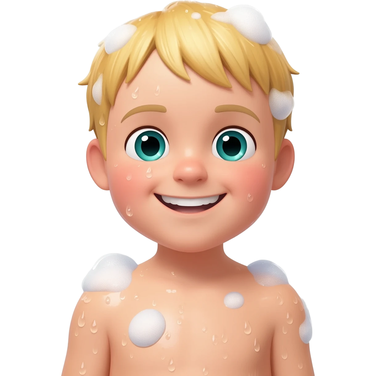Create an emoji of the same blonde 3 year old as the first one you did. A happy boy with blue-greenish eyes taking a shower add bubbles emoji