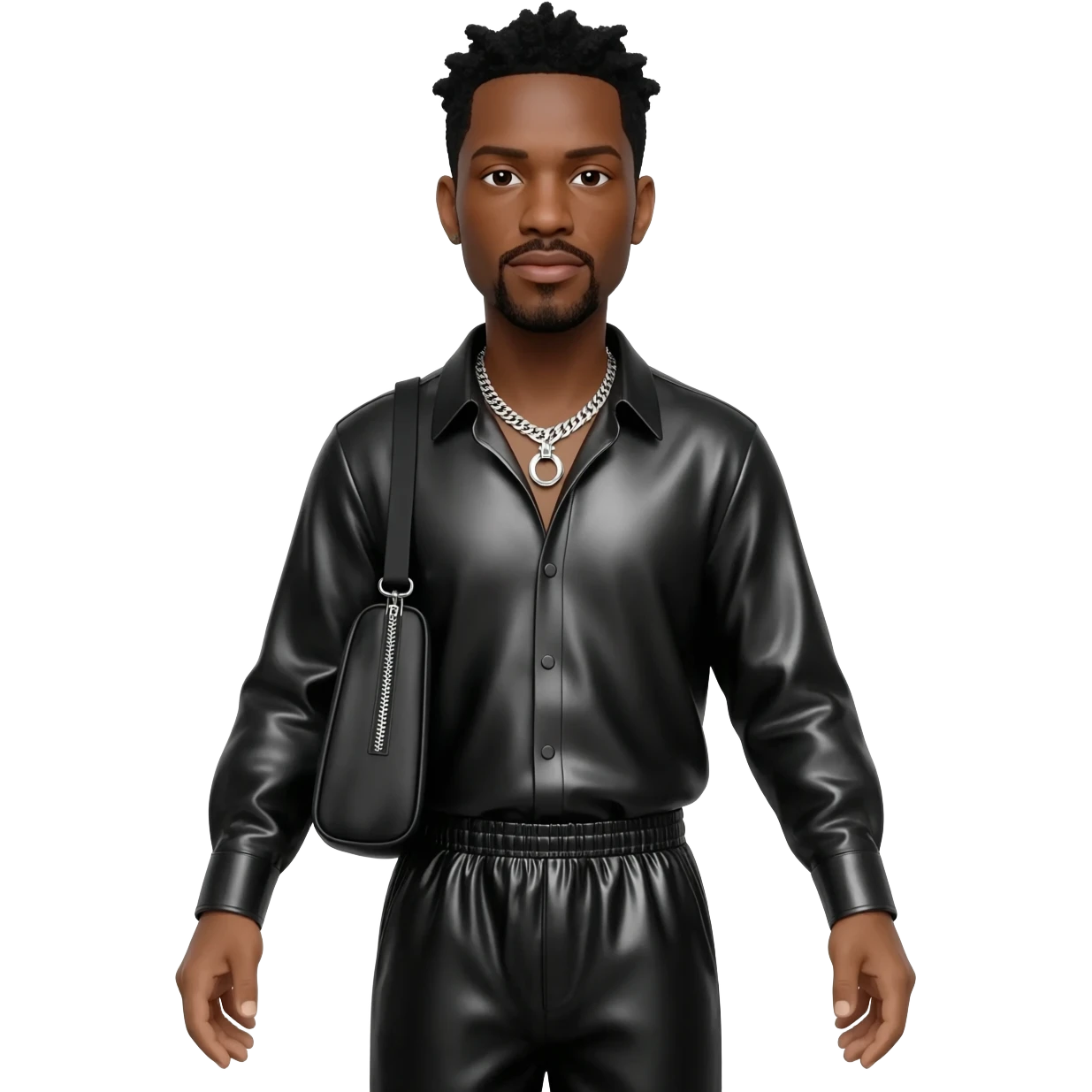 Timbaland with black hair, black metallic shirt, black metallic baggy pants, silver necklace emoji