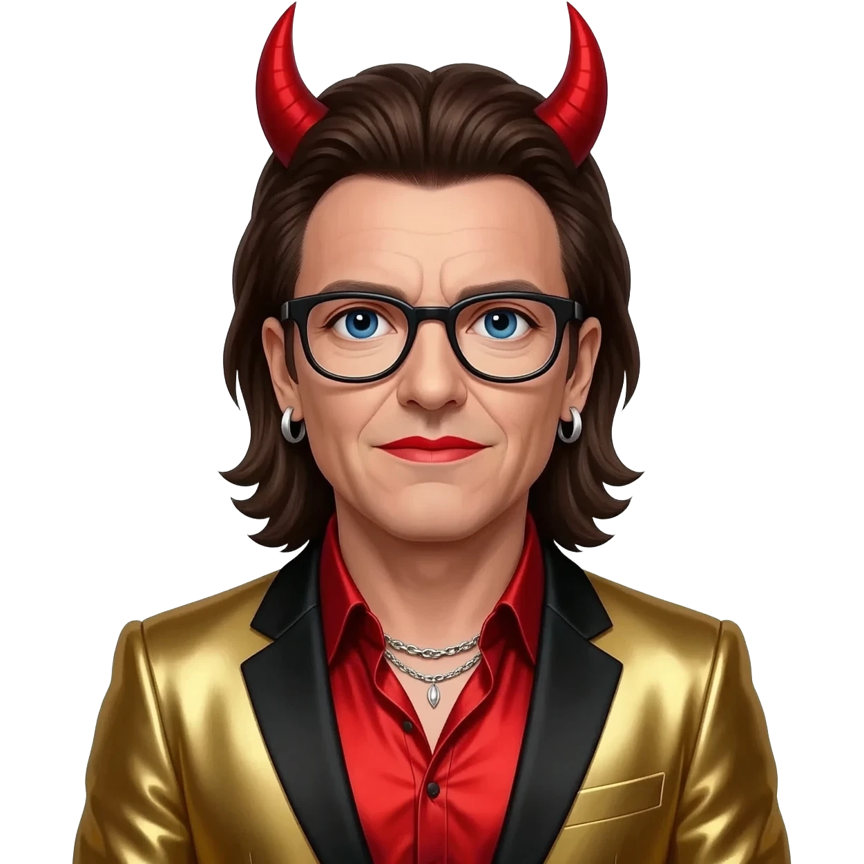 Bono with blue eyes, long dark brown hair, red metallic dress shirt, gold metallic suit jacket, black glasses, silver necklace and short earrings, red devil horn, white makeup and red lipstick emoji