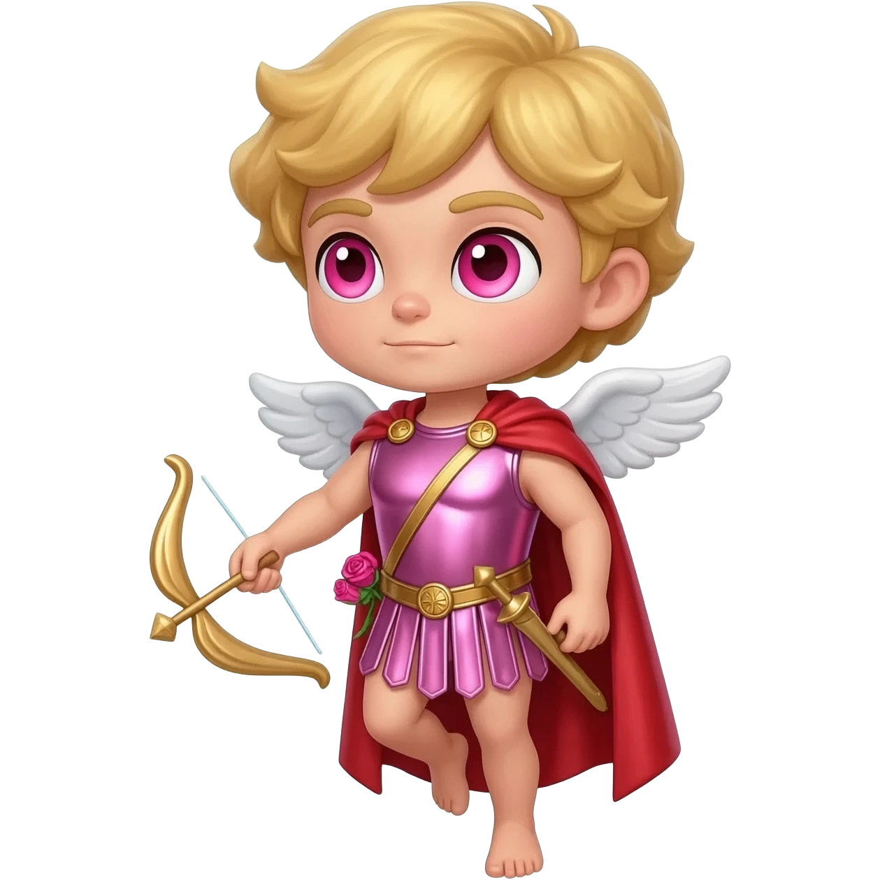 Cupid from Roman Mythology with rose-pink eyes, blonde hair, pink metallic tunic, red metallic cloak emoji