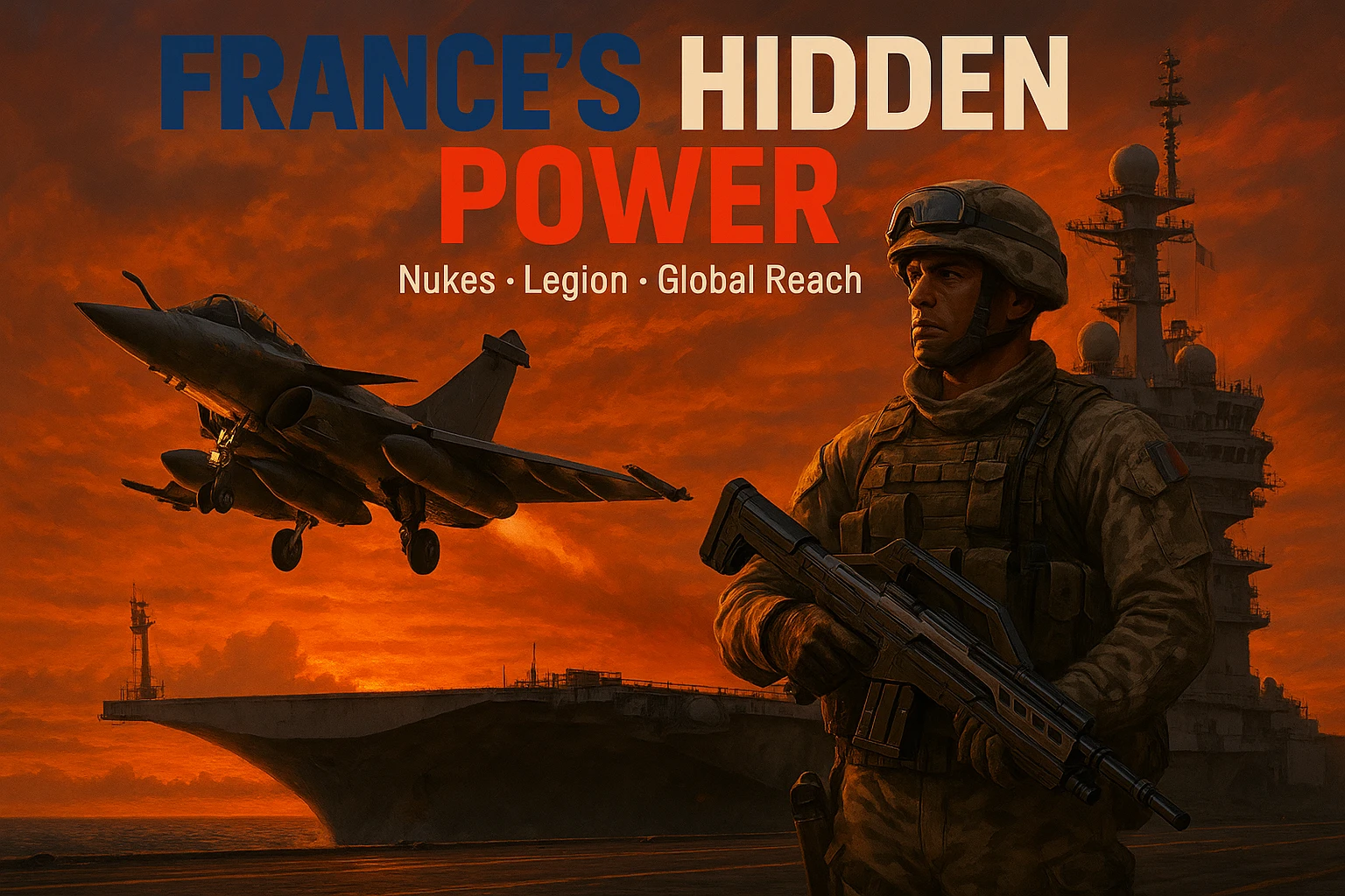 epic dusk scene of Rafale jet taking off from Charles de Gaulle carrier with orange sunset, foreground showing a Legionnaire in desert camo with a sci-fi rifle, bold tricolor headline 'FRANCE’S HIDDEN POWER' with subtext 'Nukes • Legion • Global Reach', cinematic, 8K resolution emoji