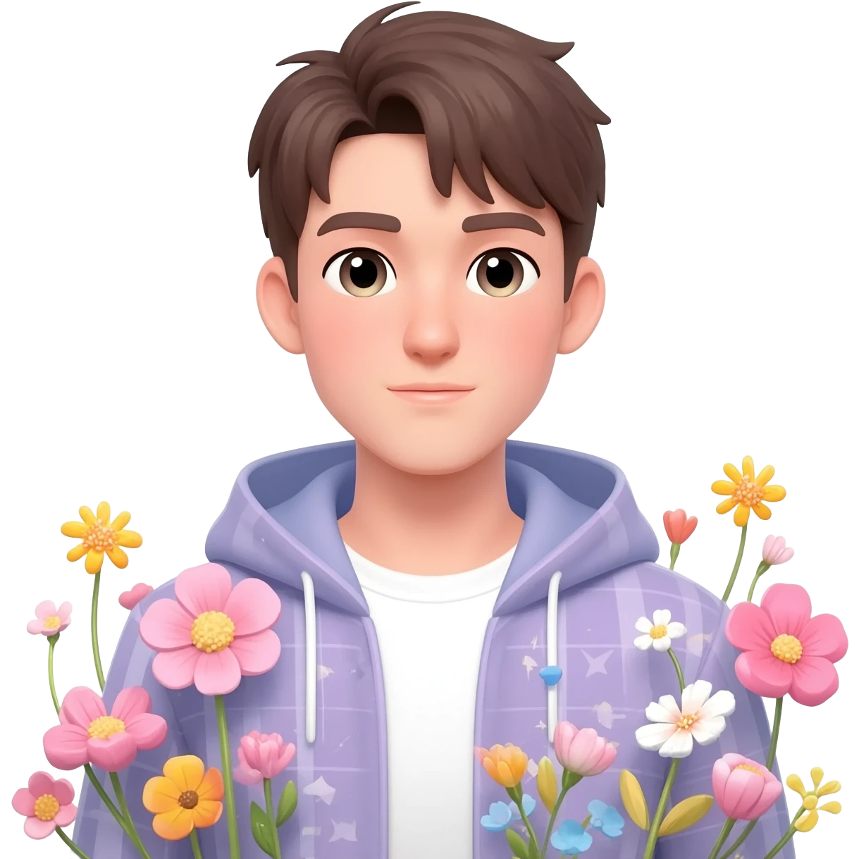 Gorgeous bright sparkly romantic anime style guy with blushing face and flowers aesthetic trending style outside emoji