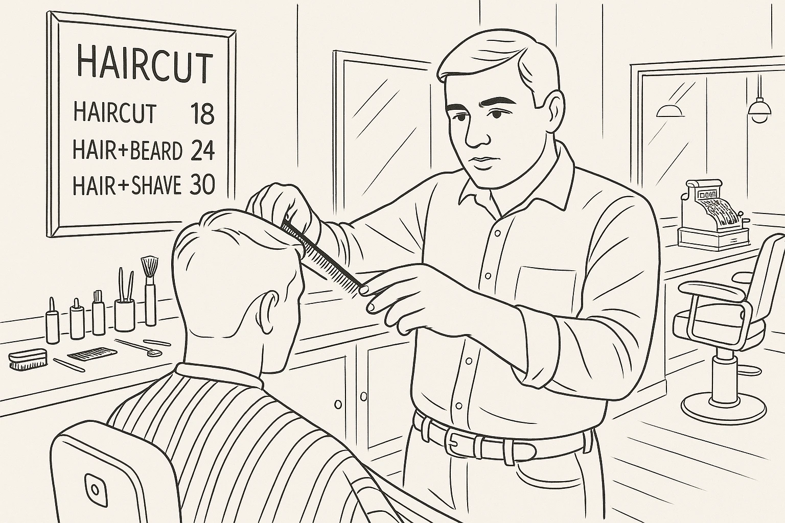 Draw me a sketch of the barbershop, but make sure there's a cash register there. emoji