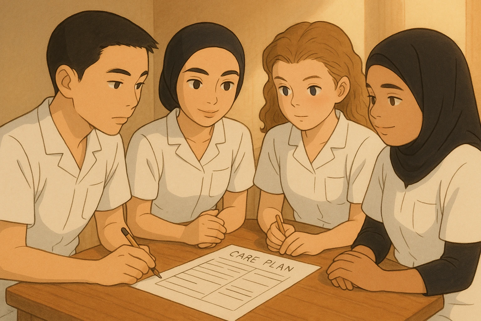 Same Ghibli style scene with the four nursing students discussing around a care plan. They wear short-sleeved white uniforms with V-neck, left chest pocket, no stand-up collar, no stethoscopes, and nothing protrudes from the sleeves. emoji