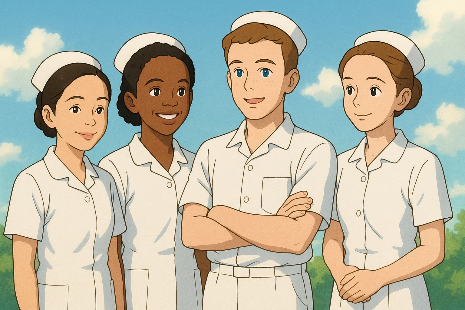 Four nursing students inspired by the faces of four photos, wearing complete white short-sleeve uniforms (visible arms), no stethoscope, each in a different posture but close, no physical contact, benevolent atmosphere, Ghibli style, bright background. emoji