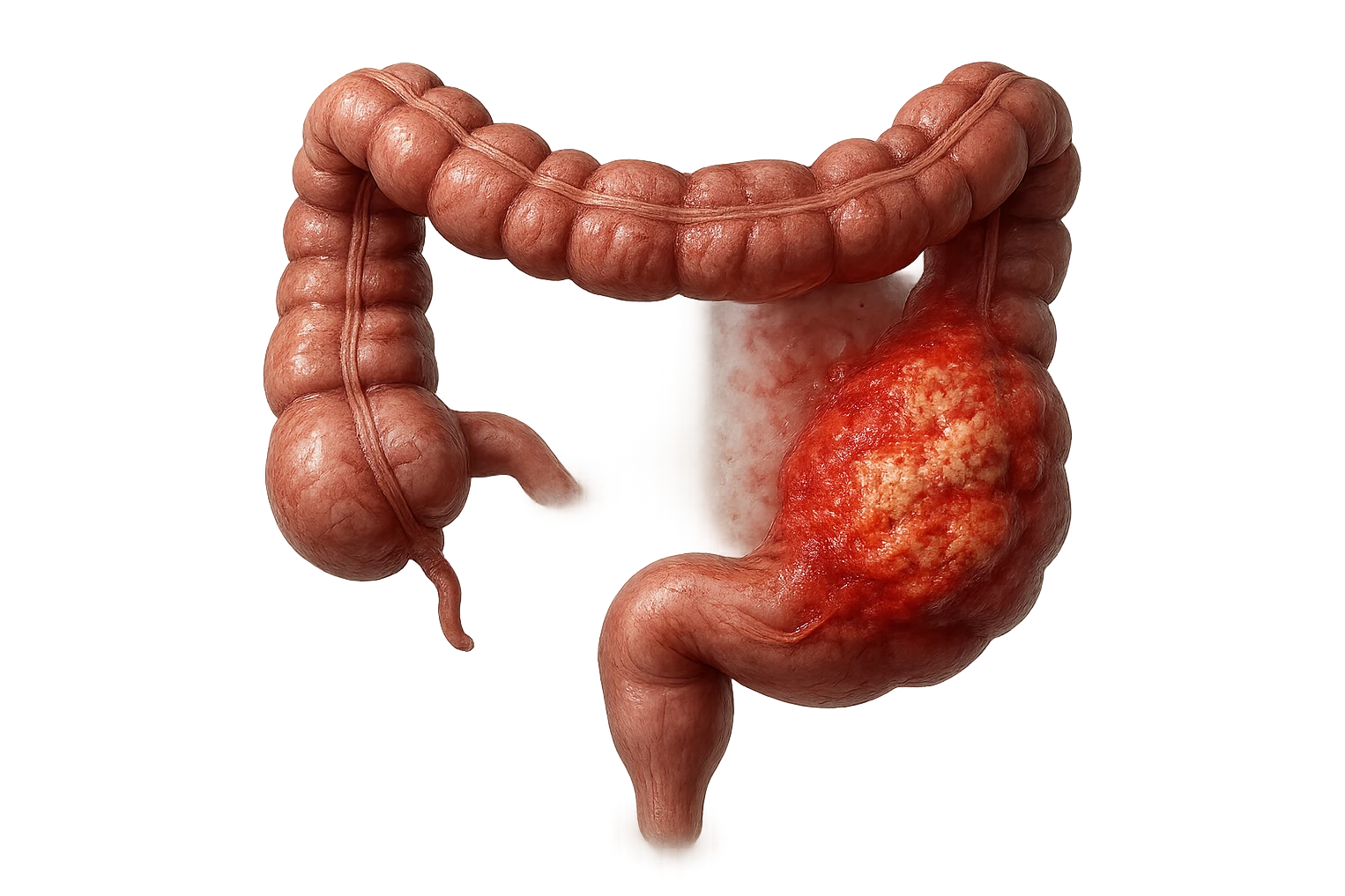 colon umano anatomico realistico malato di cancro, fai un punto visibile in cui si nota proprio la massa tumorale,+ iperrealistico 4k emoji