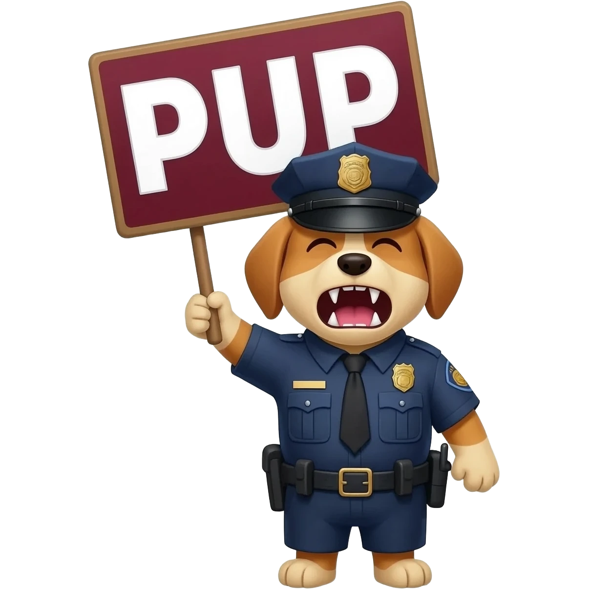 Small dangerous police puppy which is screaming the word "PUP" in big size emoji