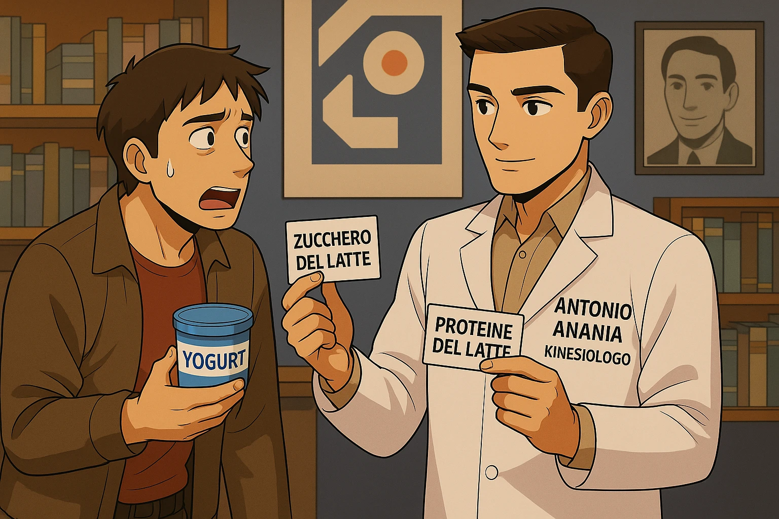 fai un webtoon manga a colori con questo stile, in cui un uomo fa una domanda al kinesiologo con il camice bianco (fagli anche la scritta "ANTONIO ANANIA" SUL CAMICE, l'uomo chiede una cosa mostrando un formaggio e uno yogurt al kinesiologo con il camice, IL KINESIOLOGO annuisce e SPIEGA ALL'UOMO UNA cos. L'UOMO ha un ESPRESSIONE CONFUSA IN VOLTO. non fare i fumetti però, fai solo in modo che sembri stiano parlando emoji