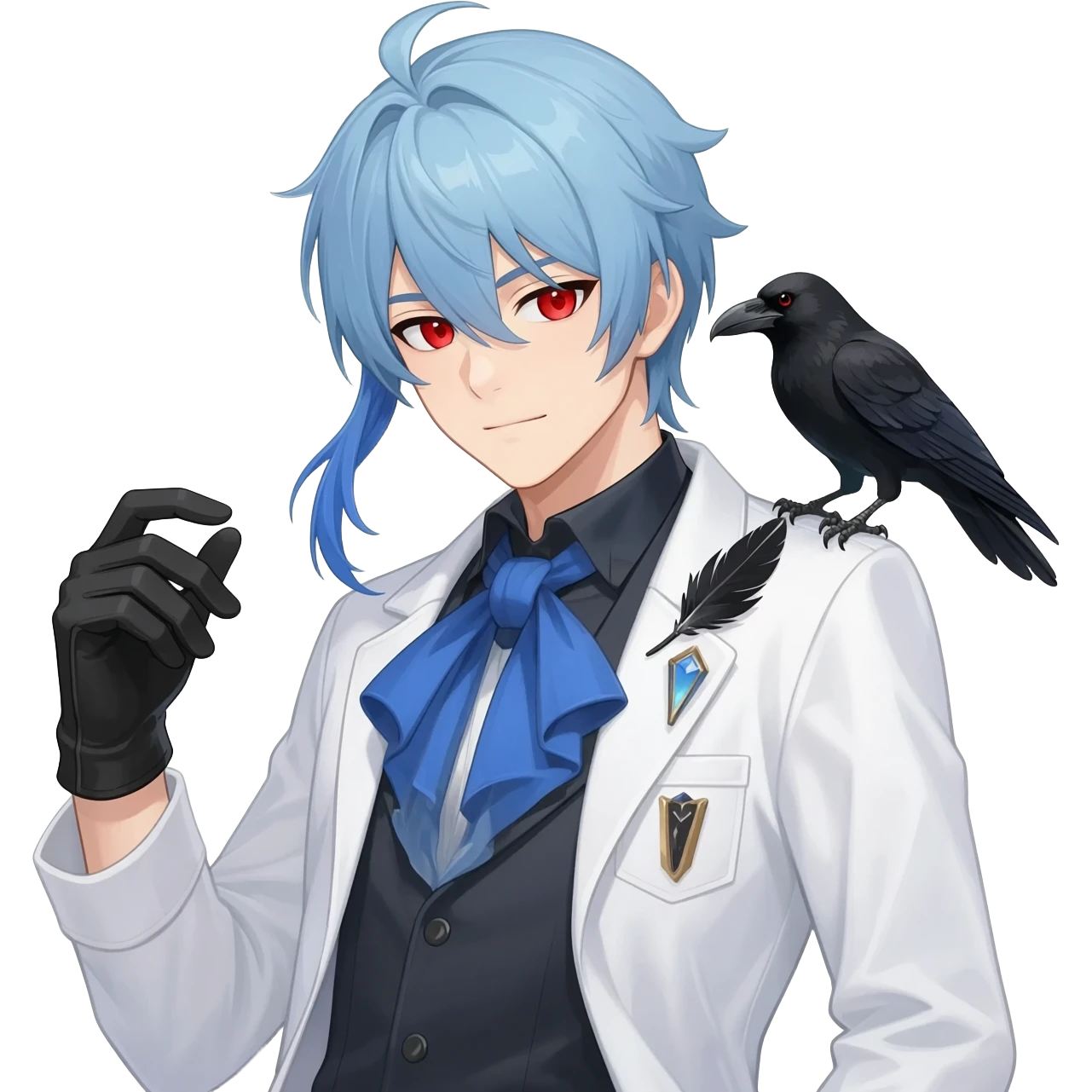 Zandik from Genshin Impact; Alchemist handsome anime man with light-blue beautiful hair, handsome sexy, long hair tendril bangs down on the sides, white lab coat, blue cravat, black feathers on shoulder, raven companion, black gloves, red eyes emoji
