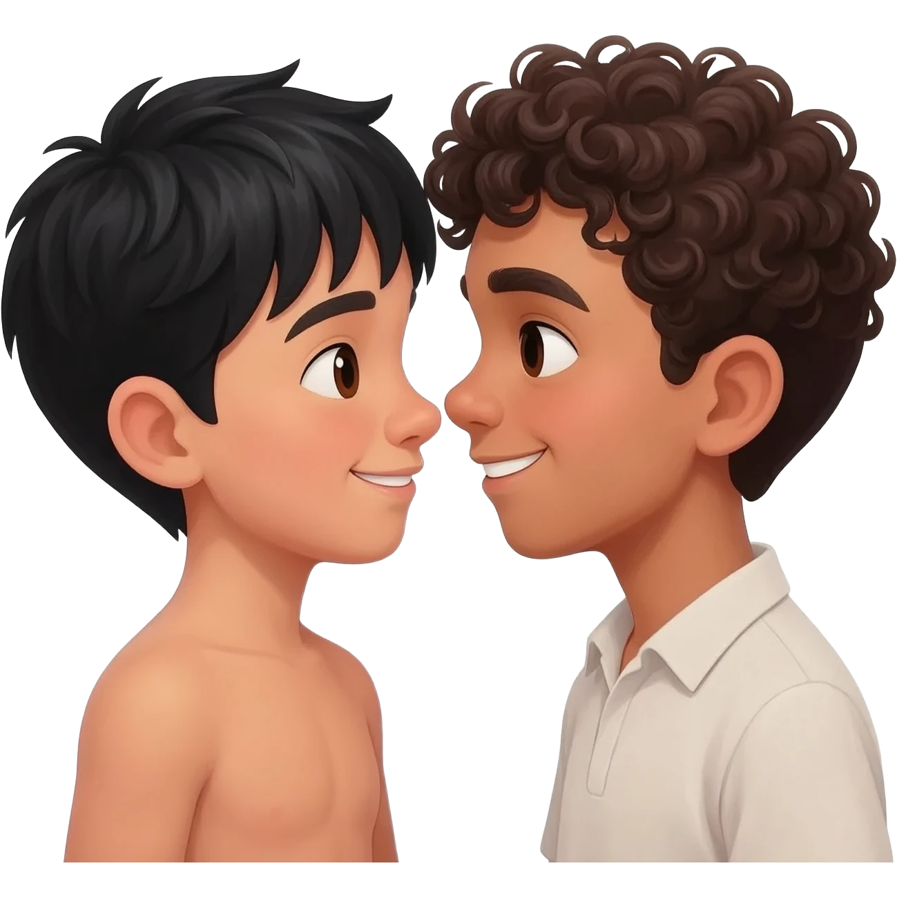 2 boys in love. One Asian a light tan with black hair and one Mexican with curly brown hair, light skin. Both dark brown eyes emoji