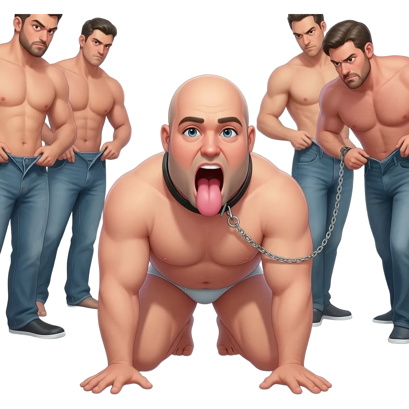 A group of mean looking  shirtless hung men with tight jeans unbuttoning their jeans and surrounding a chubby bald bearded aroused guy in underwear with mouth wide open and tongue out on his hands and knees wearing a collar and leash held by one man realistic style emoji