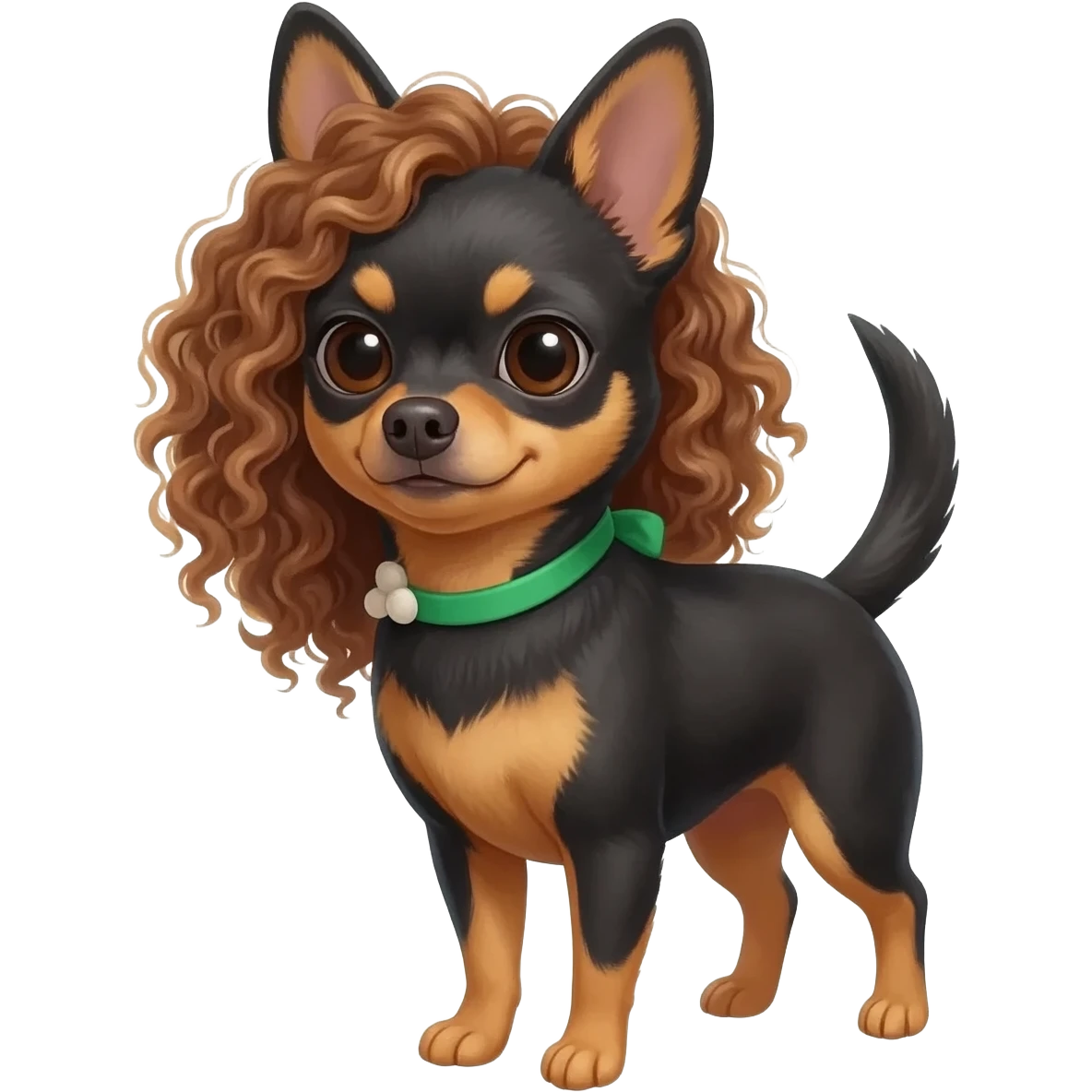 Une fille. Cheveux bouclée. Porte à maillot. Vert. Avec un chihuahua noir marron poil courut c'est une fille daisy et pour finir par apprend dans les brastous les 2. Avec sa maîtresse avec. Et moi mmatichienne emoji