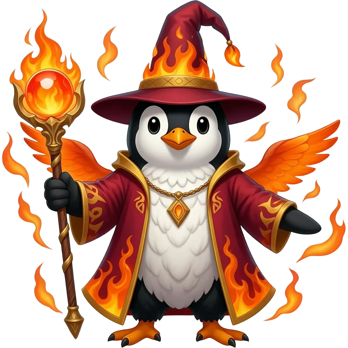 Vibrant fire wizard penguin with black-and-white feathers and glowing fiery-orange eyes. Wearing crimson-and-gold robes with flaming runes and tall wizard hat with burning embers. Holding ornate staff with blazing crystal orb. Swirling orange flames and embers emanate from its body and wings emoji