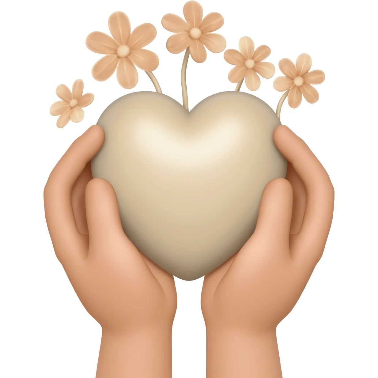 hands are holding light beige human heart with beige flowers emoji