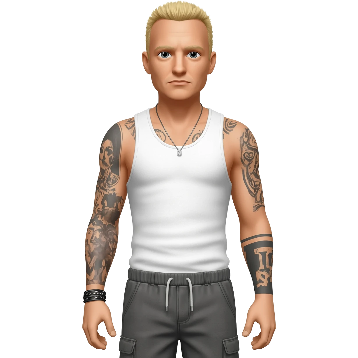 Chester Bennington with blonde hair, white tank top, grey baggy pants emoji