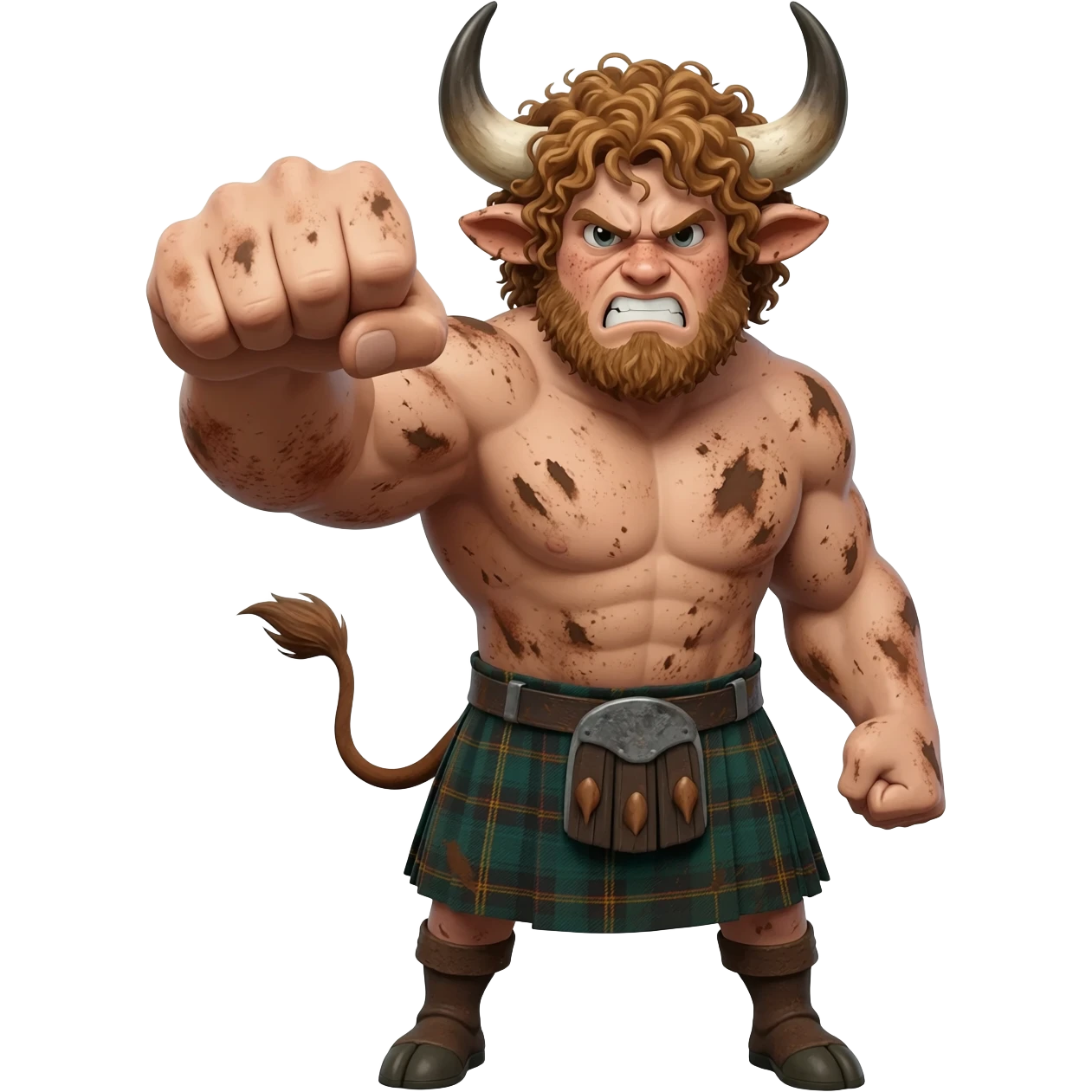 big buff curly hairy man covered in dirt with freckles with messy light brown bangs that covers his face completely with bull horns and bull ears and bull tail dressed in kilt punches with left hook front view furious expression emoji