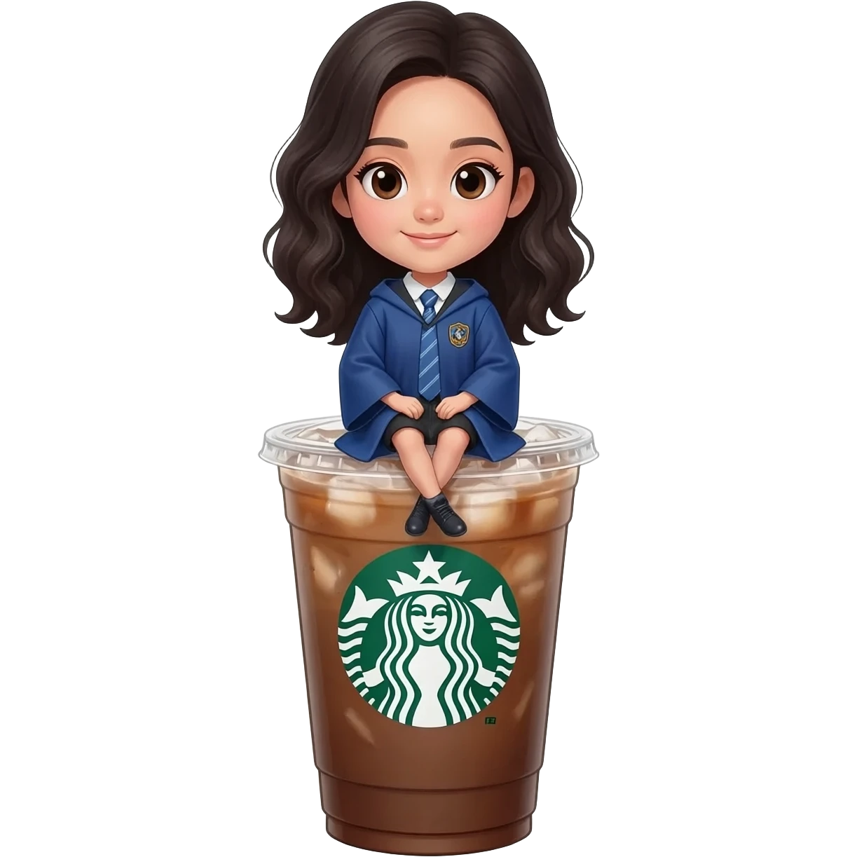 a Starbucks Americano with ice, an Asian girl with wavy hair in Ravenclaw robe is sitting on the cup emoji