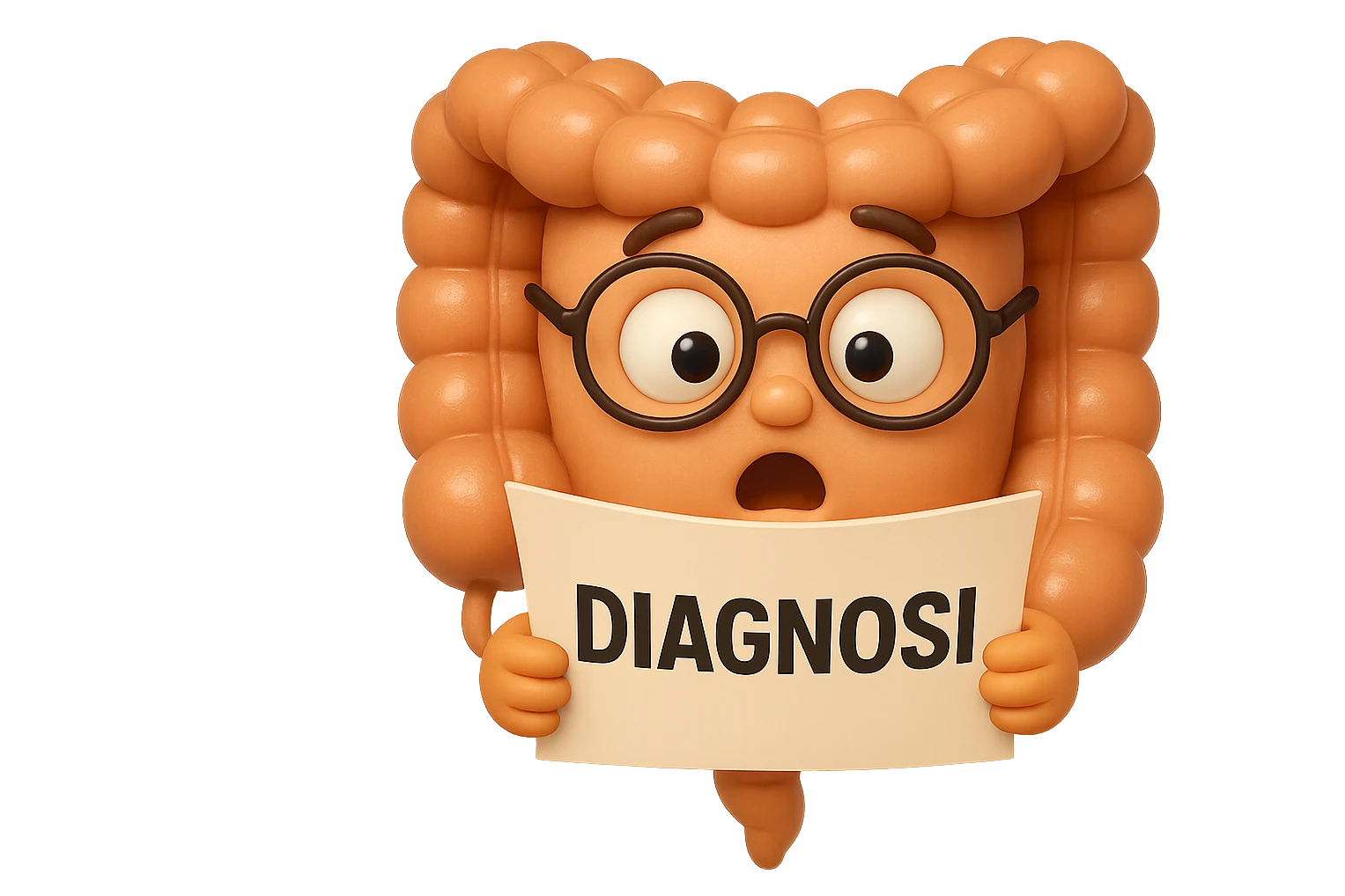 EMOJI STILE IPHONE DI UN INTESTINO CON GLI OCCHIALI CHE LEGGE UN FOGLIO CON LA SCRITTA DIAGNOSI, ESPRESSIONE STUPITA IN VOLTO, IPERREALISTICO 4K emoji