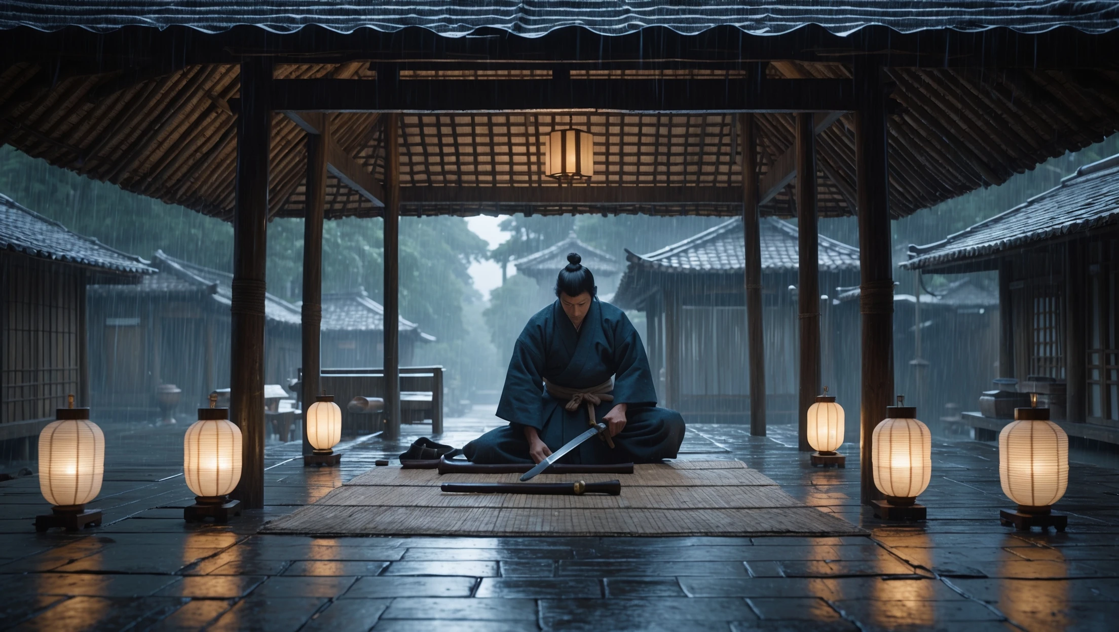 A cinematic scene from 1185, motion blur, wide shot of Taro polishing his katana in a bamboo hut, rain on roof, lamp-lit, symmetrical, gray-blue palette, tense, Arri Alexa, Wes Anderson. emoji