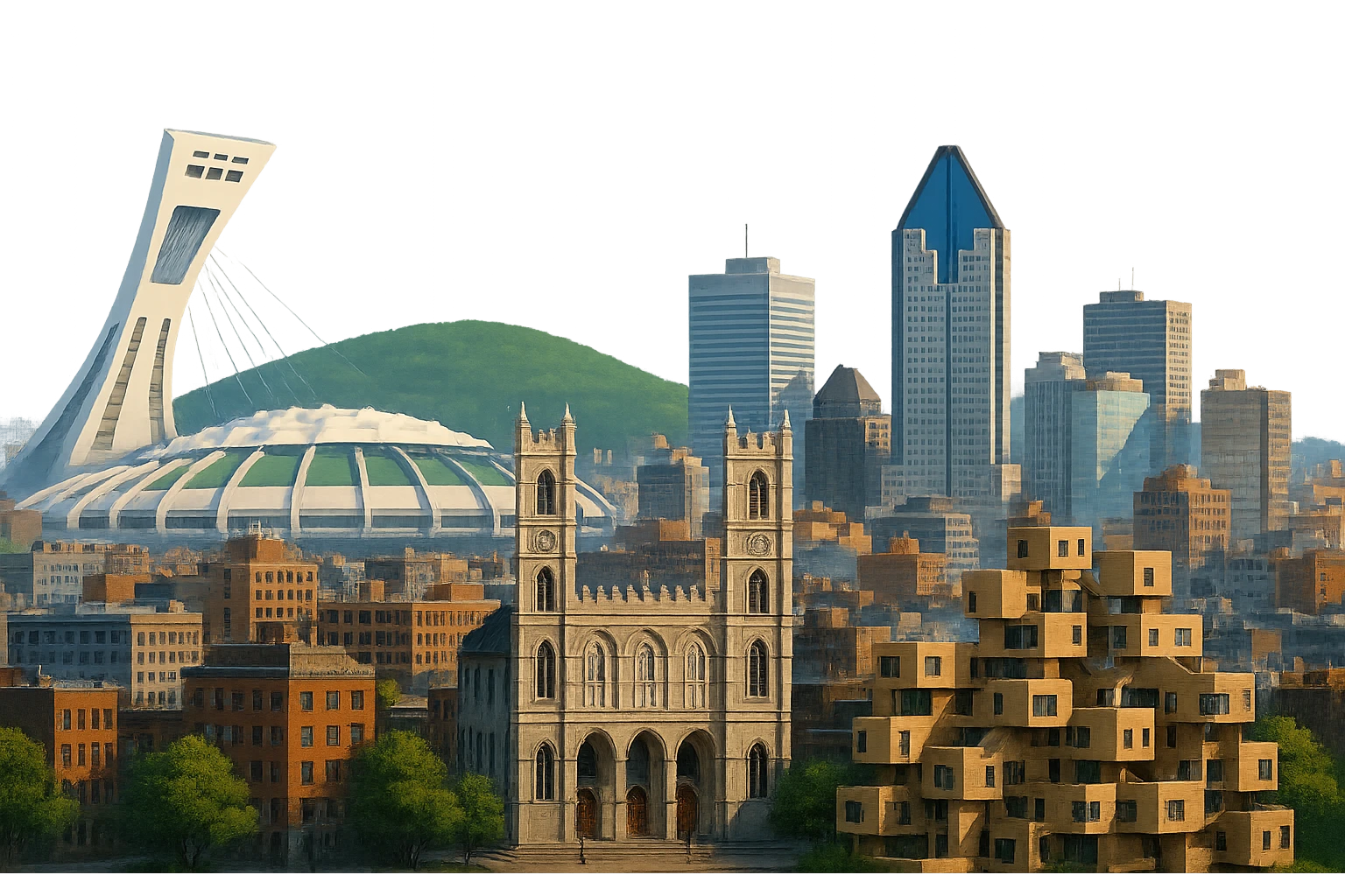 cinematic, realistic emoji of Montreal skyline featuring iconic landmarks such as the Olympic Stadium, Mount Royal, Notre-Dame Basilica, and Habitat 67, lifelike detail, accurate colors, bright lighting, wide city view, fully transparent background emoji