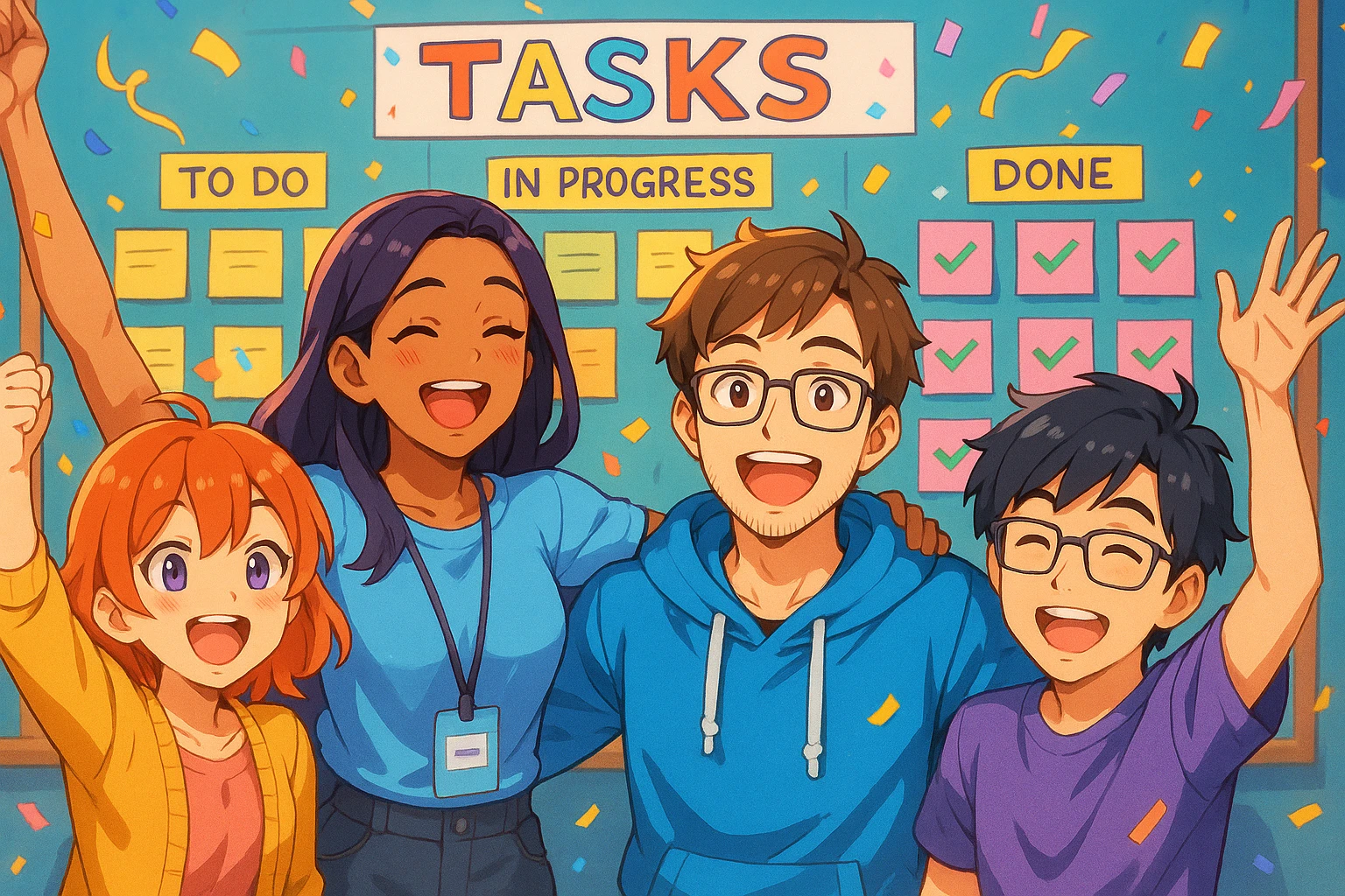petite équipe tech IA/ML devant un tableau rempli de tâches accomplies, tous souriants et détendus, ambiance de fête, style anime, couleurs éclatantes emoji