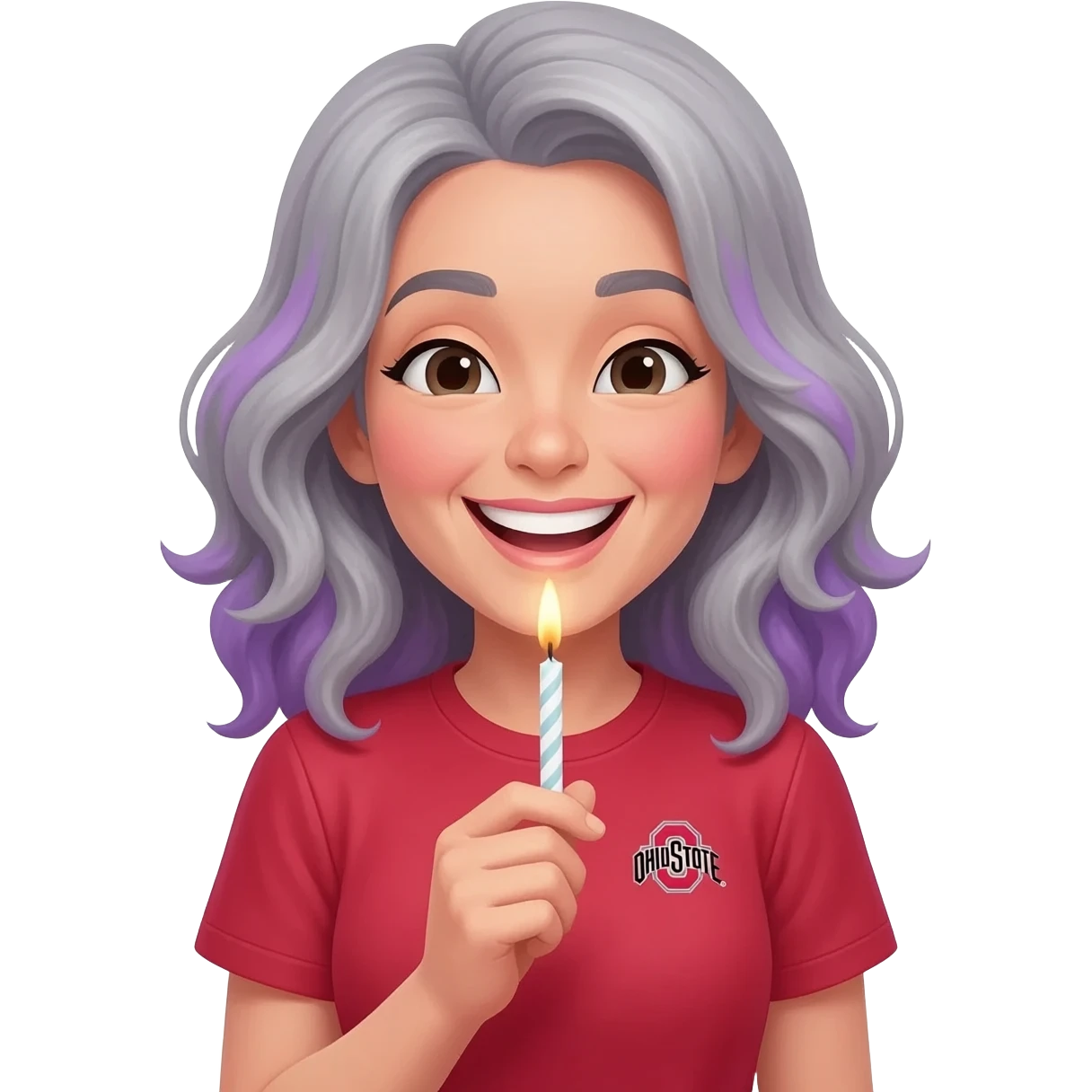 Gray and purple hair woman ohio state shirt happy birthday emoji