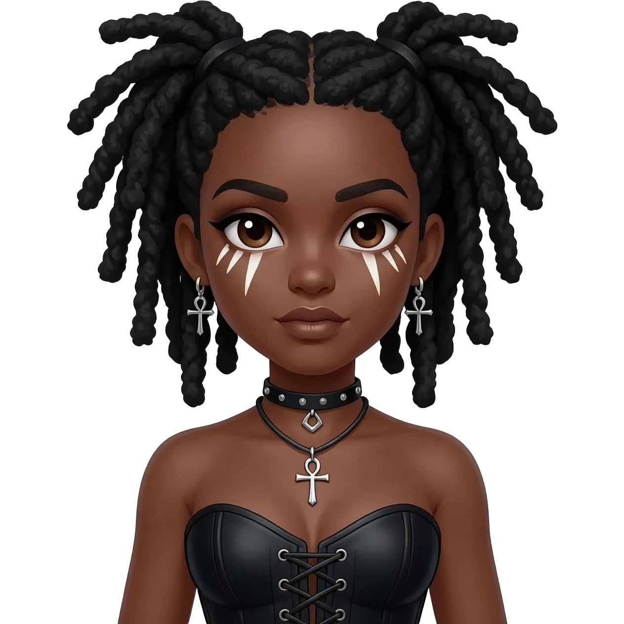 goth black girl with black corset, with brown skin, cross earrings, ankh necklace with black dreadlocks white face paint emoji