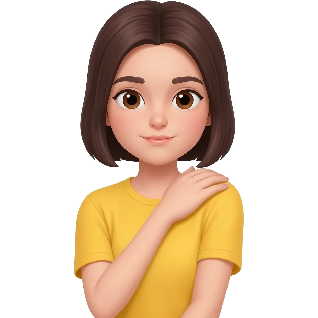 White gorl with dark brown hair and yellow shirt shrugging emoji