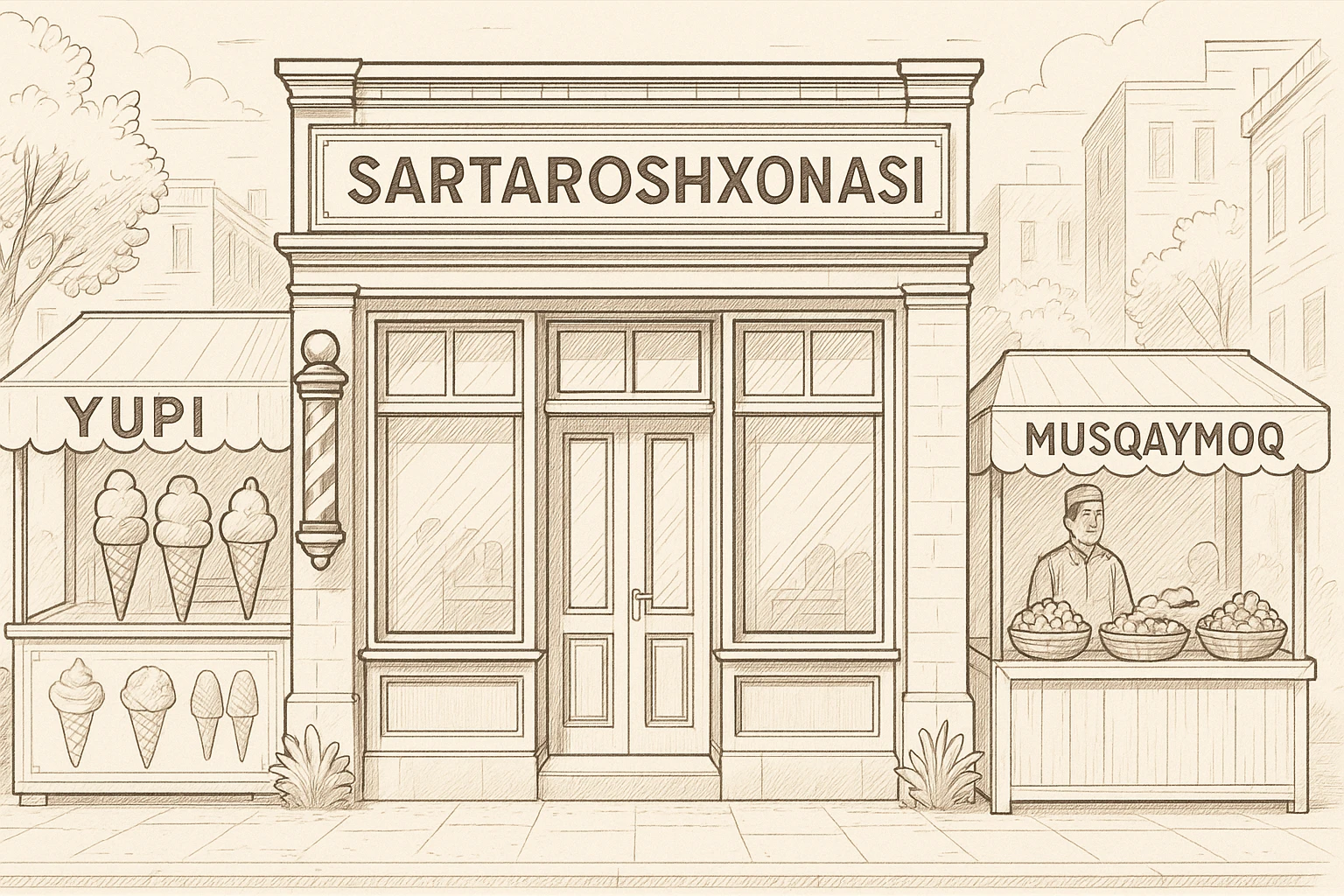 brohouse sartarosh xonasini chizib ber tashqaridan va uning yonida yupi va musqaymoq sotadigan lavkalar bulsin emoji