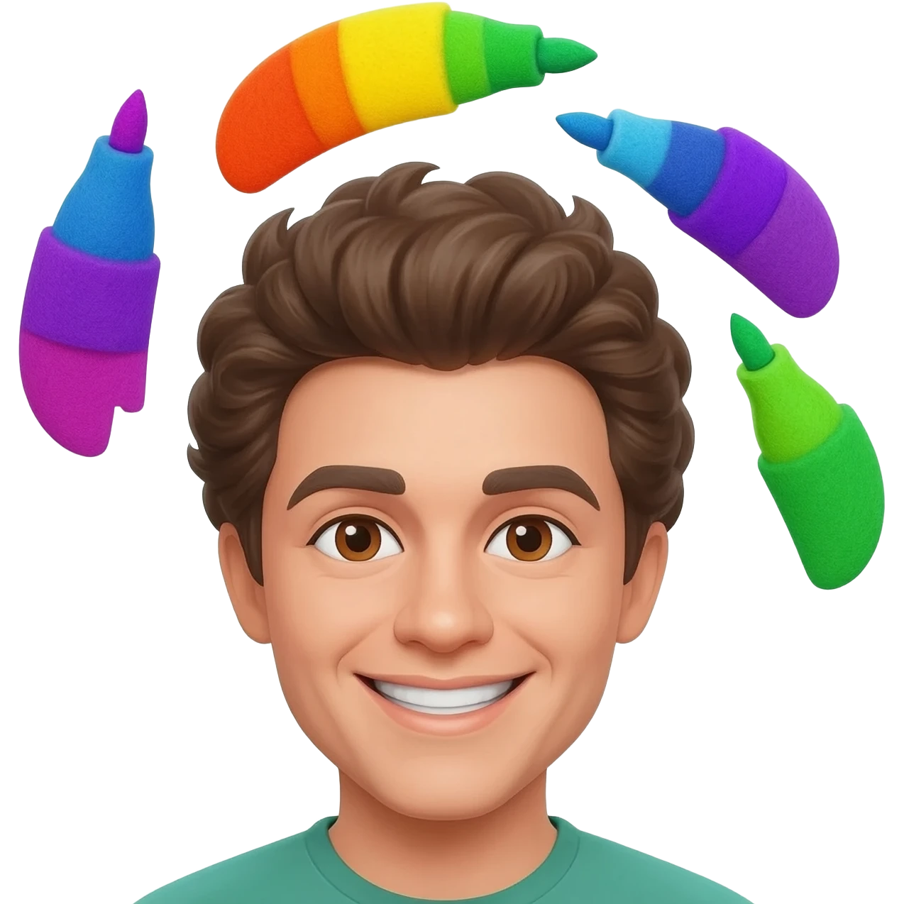 Create an emoji inspired by a specific brand of colored felt tip pens, for example, Stabilo or Sharpie, in a set of seven vibrant rainbow colors. Keep the brand's aesthetic but adapt it to a friendly emoji format without pencil. emoji