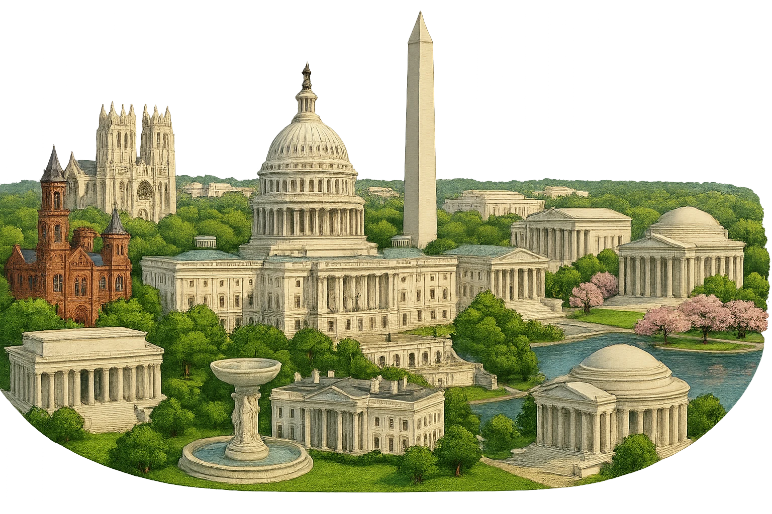 cinematic realistic emoji of Washington DC, wide city view with US Capitol, Washington Monument, Lincoln Memorial, Jefferson Memorial, White House, Smithsonian Castle, National Cathedral, Supreme Court, Tidal Basin with cherry blossoms, and Dupont Circle Fountain, lifelike detail, accurate colors, bright daytime lighting, no sky, no clouds, no city name label, transparent background emoji