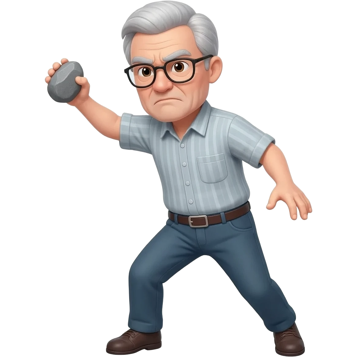 Emoji cartoon, homem idoso de cabelo grisalho e óculos, jogando uma pedra, pose de arremesso, expressão séria engraçada, estilo meme, emoji redondo, cores vivas, traço limpo, fundo simples, estilo WhatsApp, alta qualidade. emoji