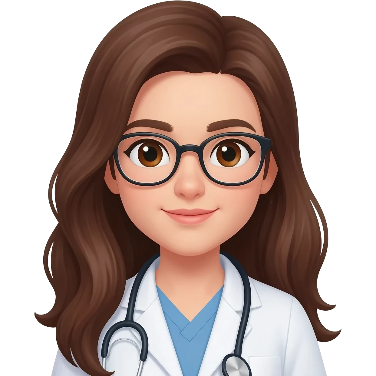 Asistente de IA medica, de pelo largo y castaño, ojos marrón, gafas emoji