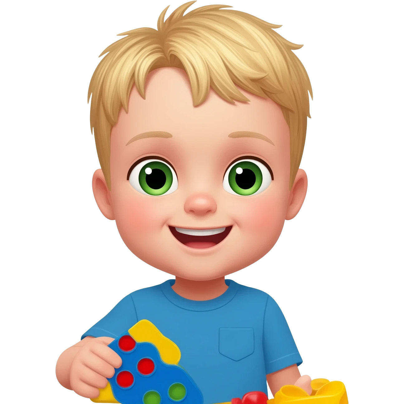 Use the same 3 year old blonde boy with green-blueish eyes as before  happy playing with toys with a blue tshirt emoji